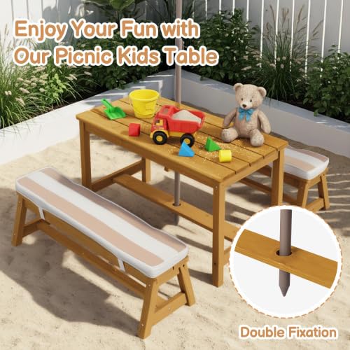 JOYMOR Kids Picnic Table Outdoor Wooden Table Set with Umbrella