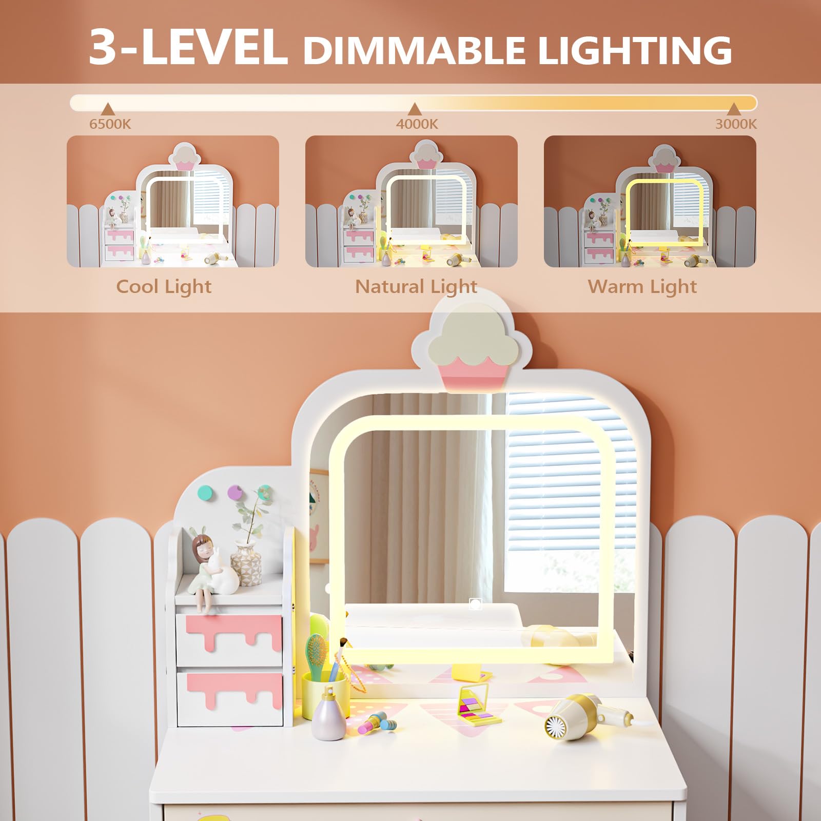JOYMOR Kids Vanity with Cloud-Like Lights Makeup Dessert Desk