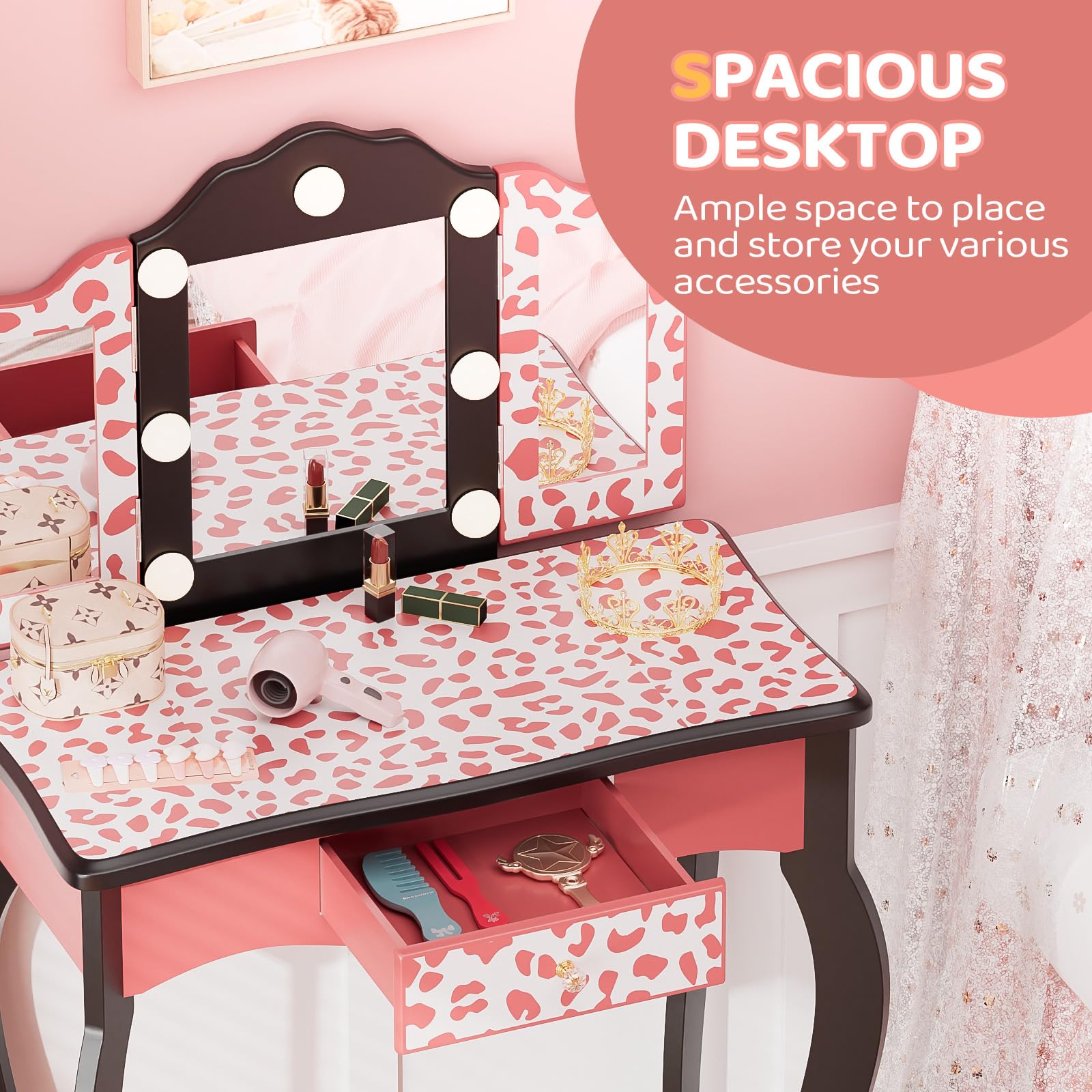 JOYMOR Kids Vanity Set Tri-Fold Girls Vanity with Leopard Print
