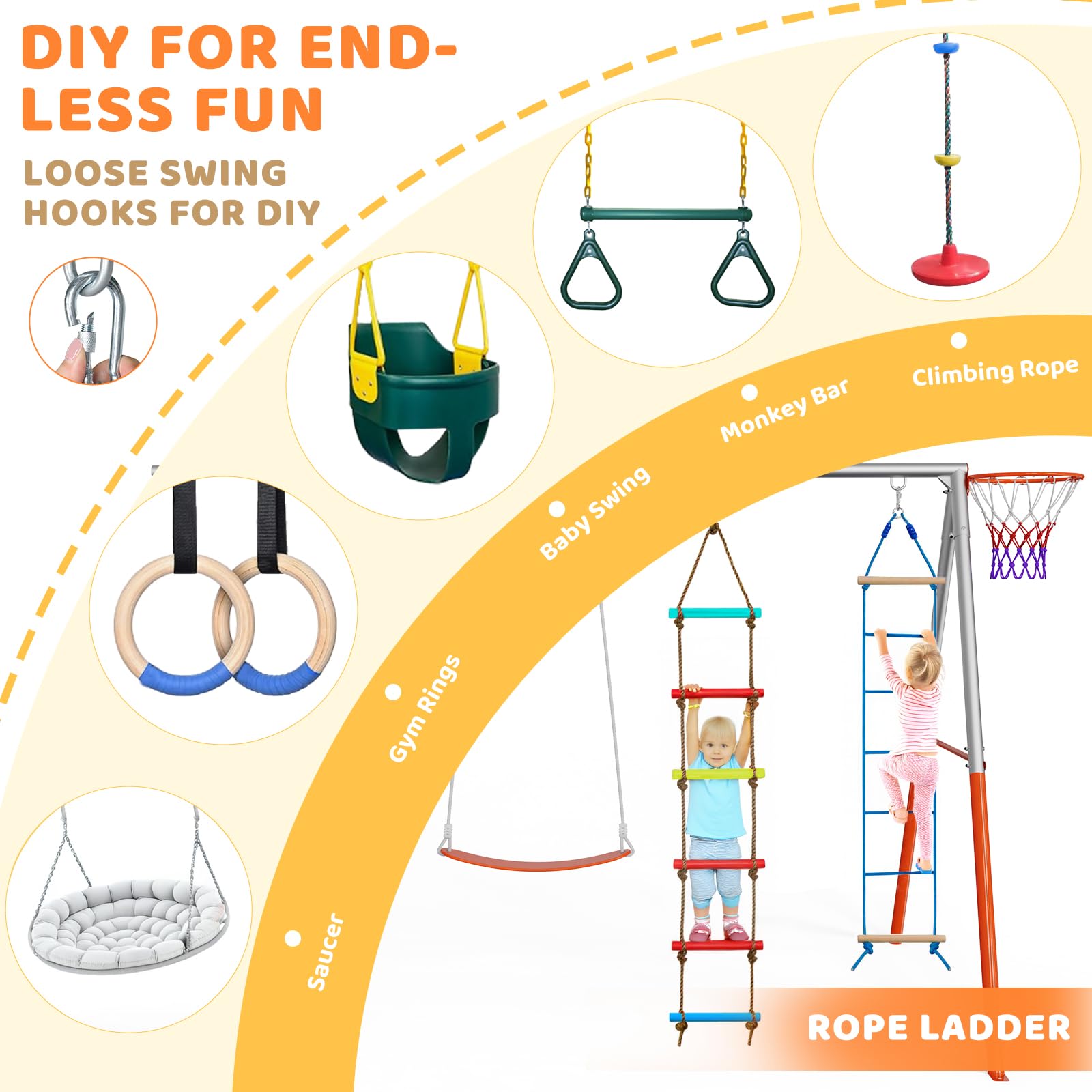 JOYMOR 4-in-1 Swing Sets for Backyard 3-Seats Kids Swing Set with Basketball-Hoop