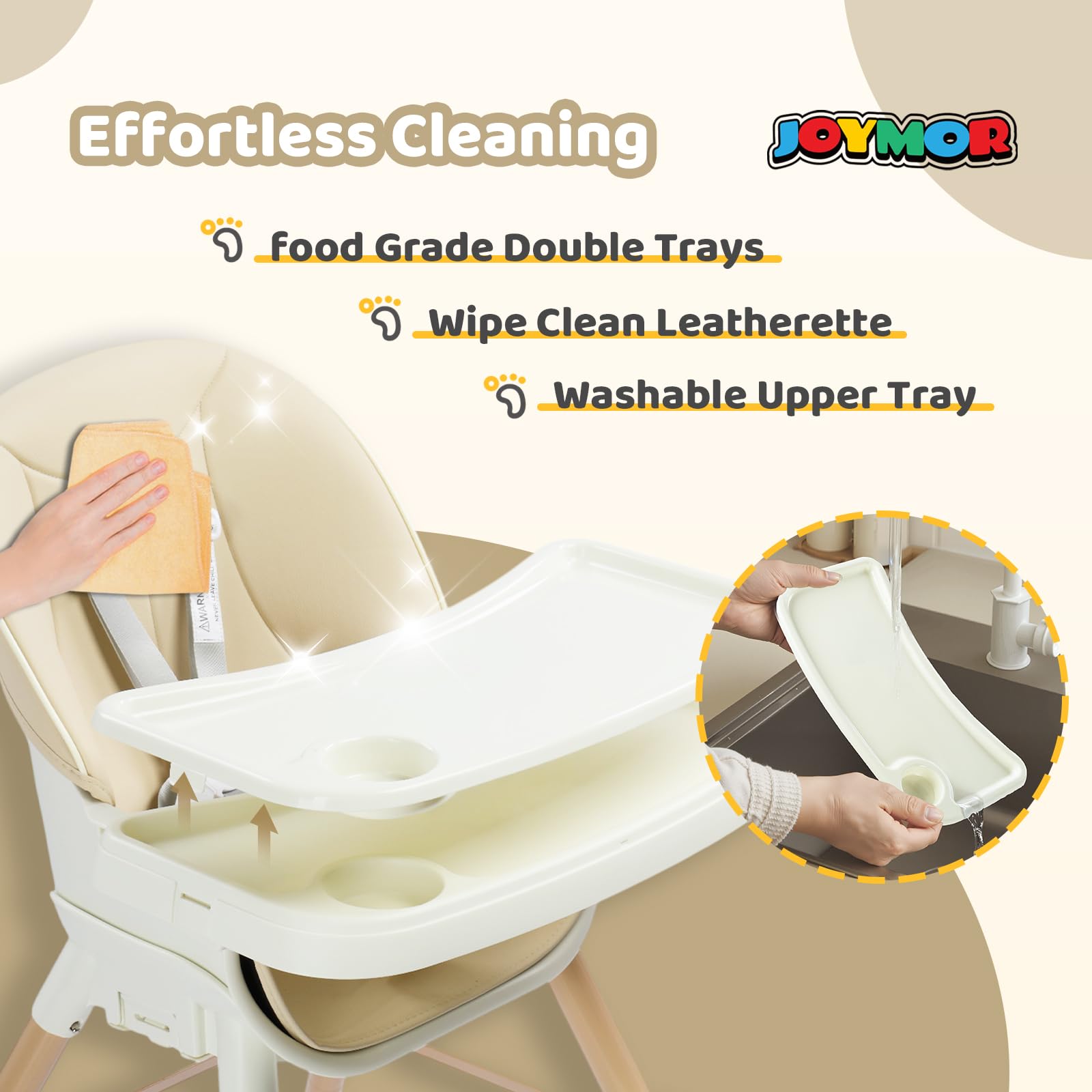 JOYMOR 5-in-1 High Chair with Double Tray and Harness for Toddlers