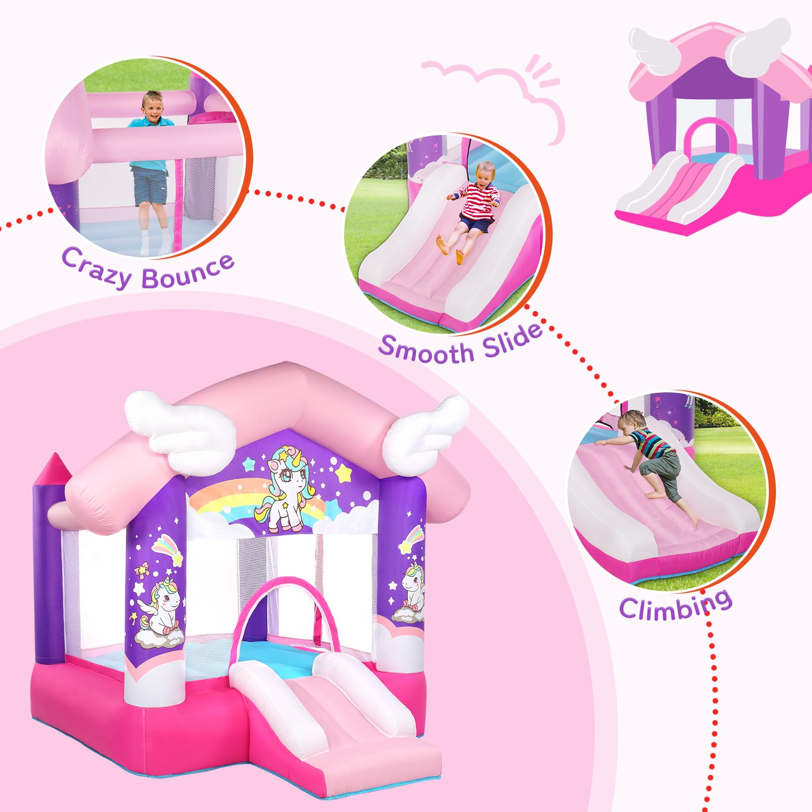 JOYMOR Inflatable Bounce Slide Castle House with Blower – Indoor & Outdoor Playhouse