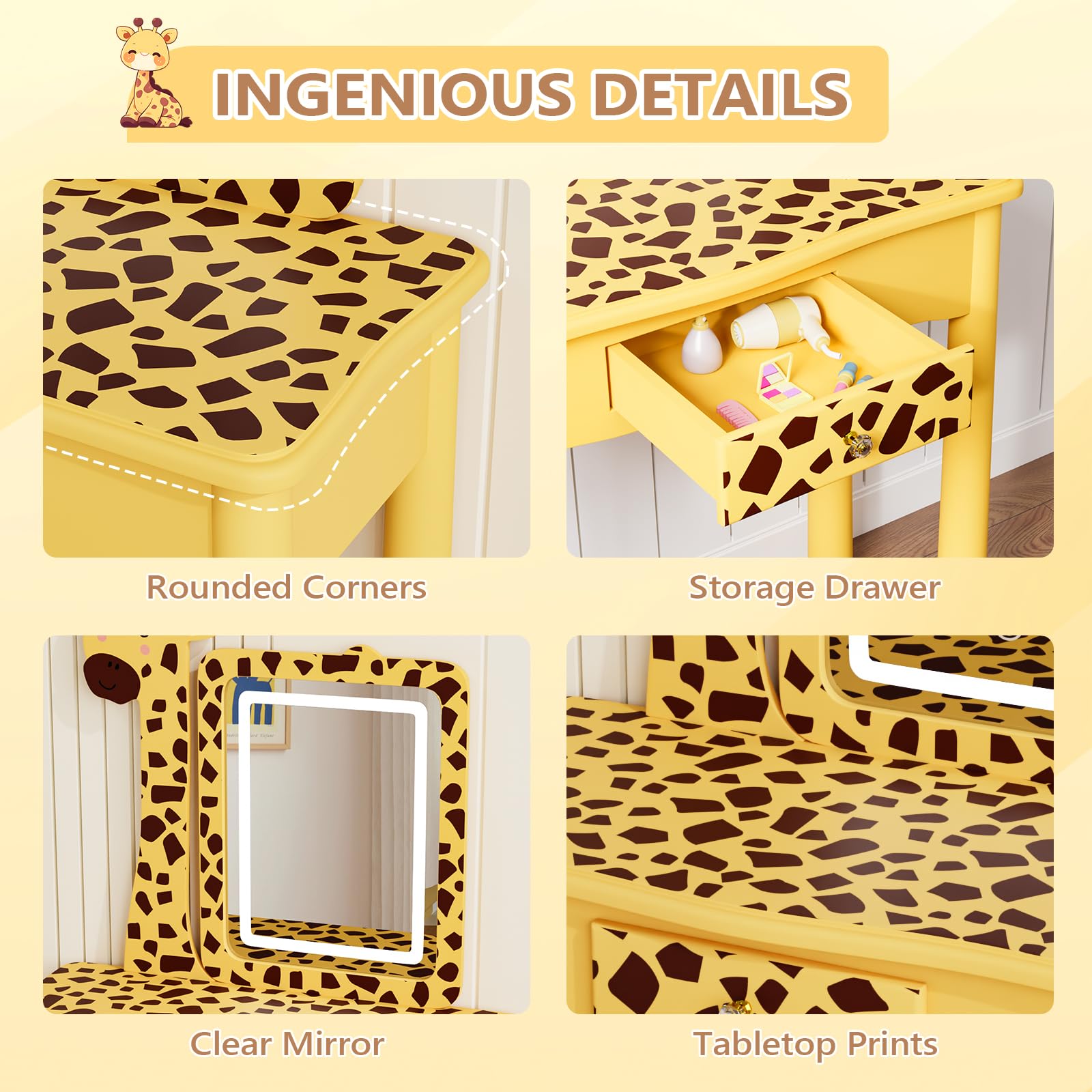 JOYMOR LED Lighted Kids Vanity with Storage and Wooden Legs