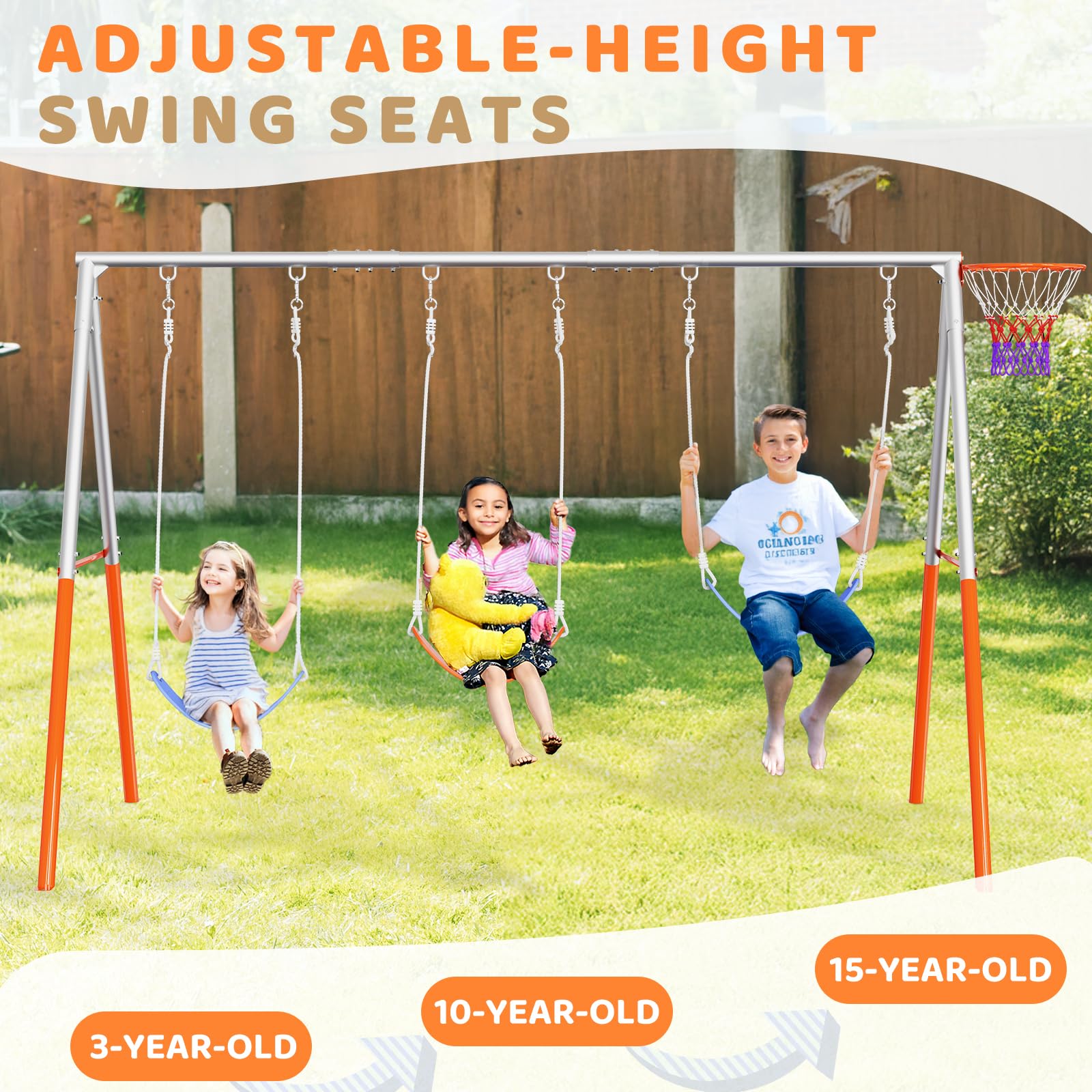 JOYMOR 4-in-1 Swing Sets for Backyard 3-Seats Kids Swing Set with Basketball-Hoop