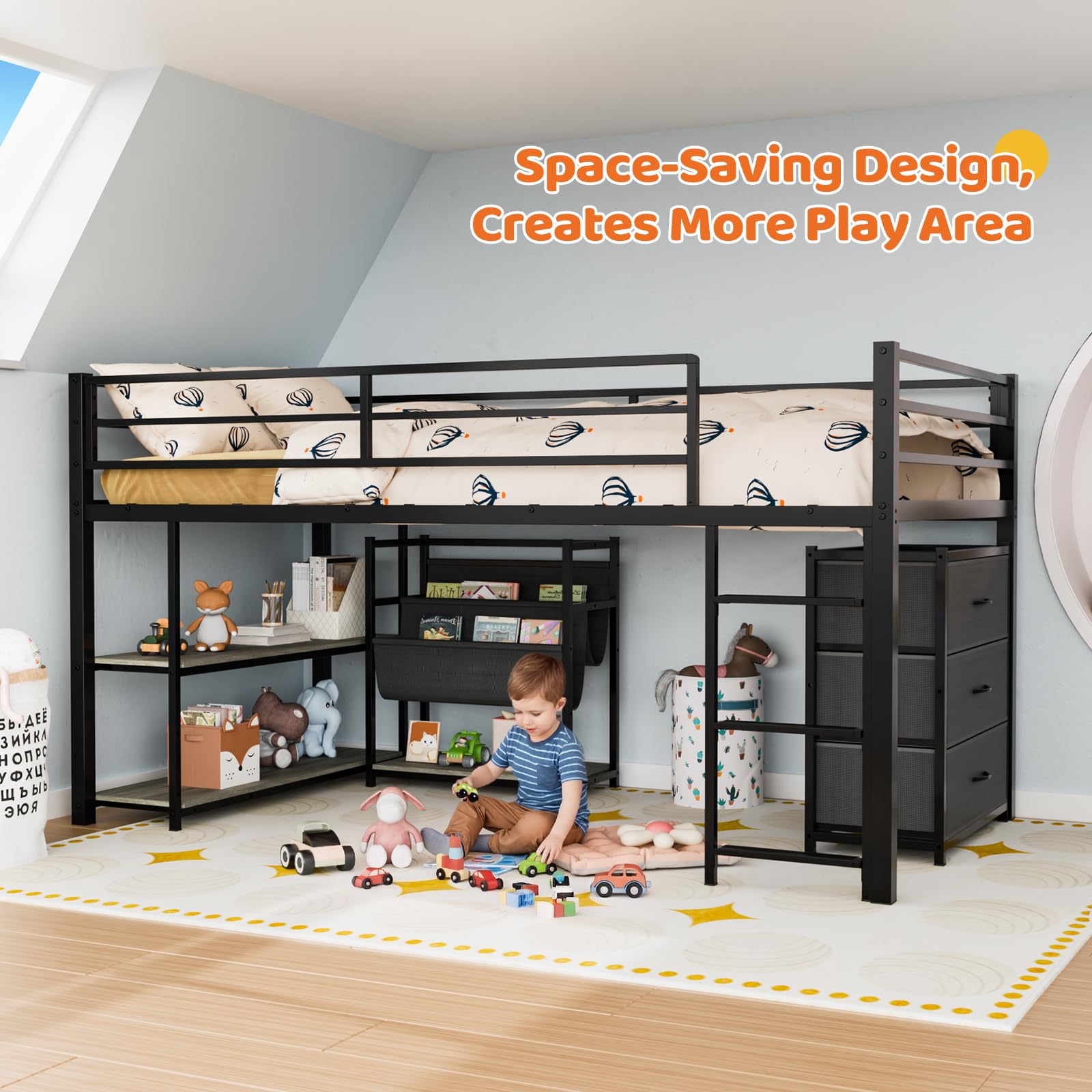 JOYMOR Twin Low Loft Bed with 3 Storage Drawers Shelves Bookcase and LED Lights Metal Frame Safety Guardrail