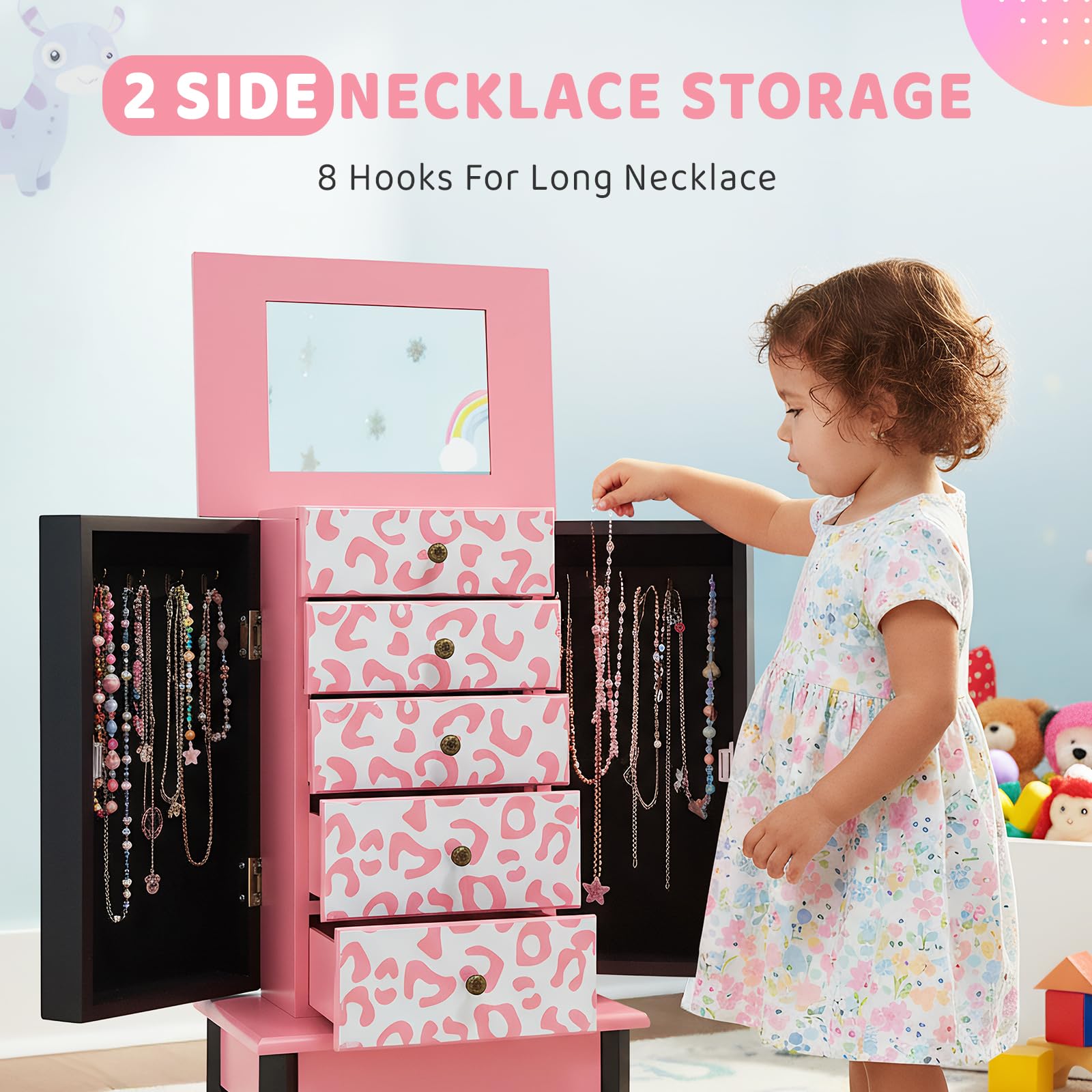 JOYMOR Kids Standing Jewelry Armoire Cabinet with 5 Drawers