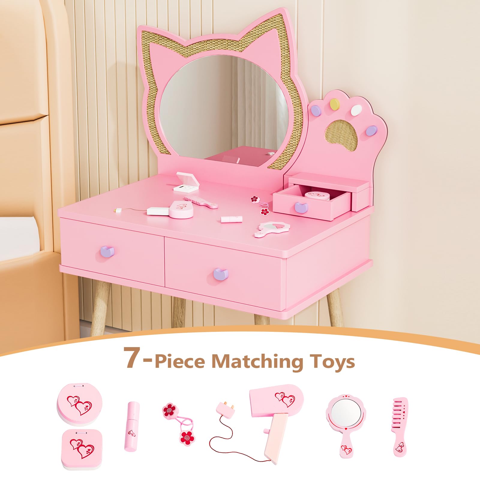 JOYMOR Kids Cat Mirror Vanity Makeup Dressing Table