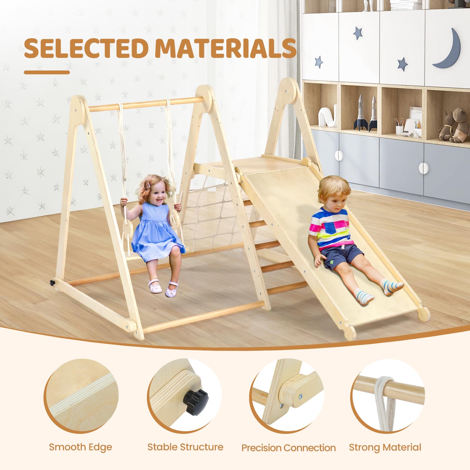 Joymor Wooden Pikler Triangle Set Montessori Climbing Adventure for Toddlers