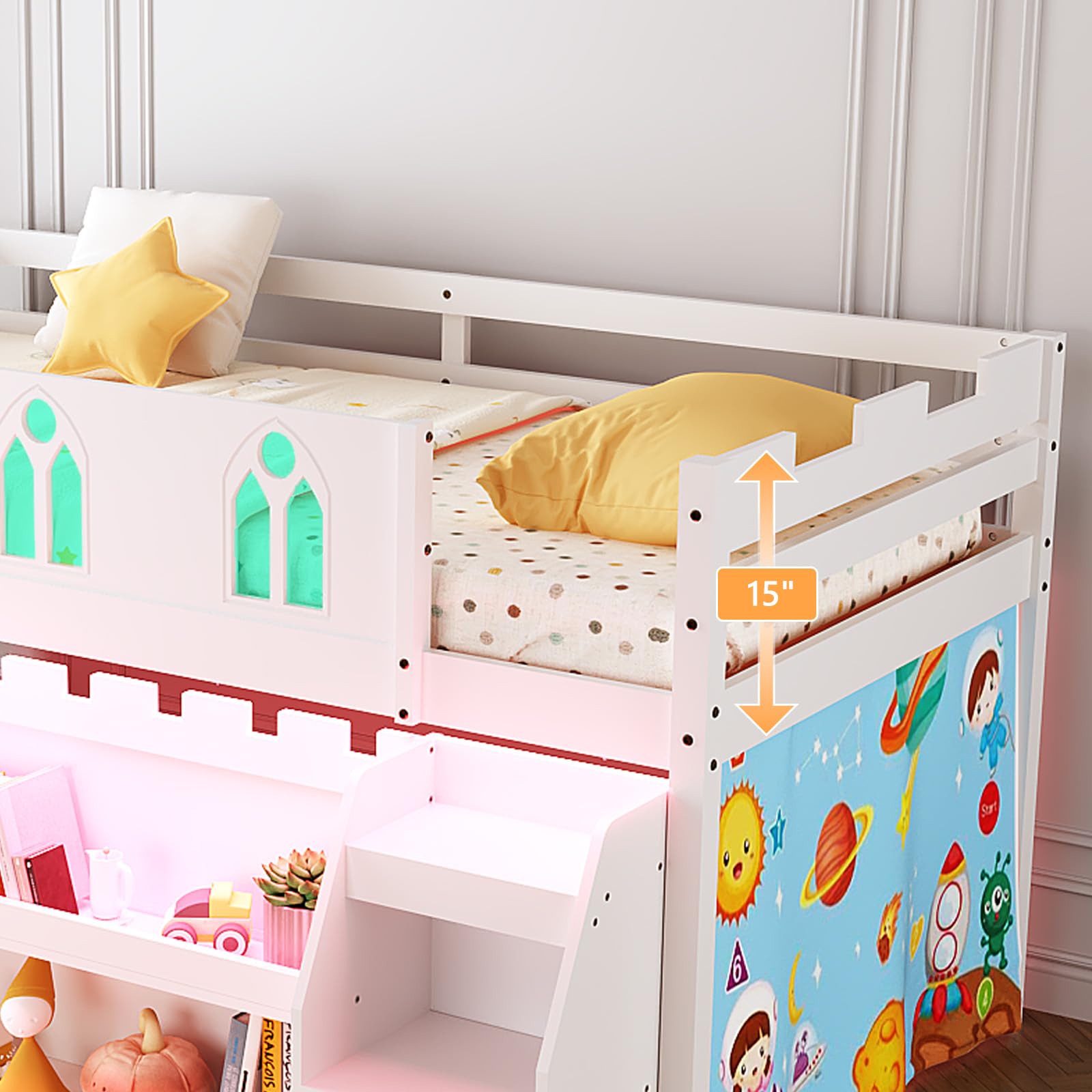 JOYMOR Low Loft Bed with LED Lights Wood Twin Size Bed Frame