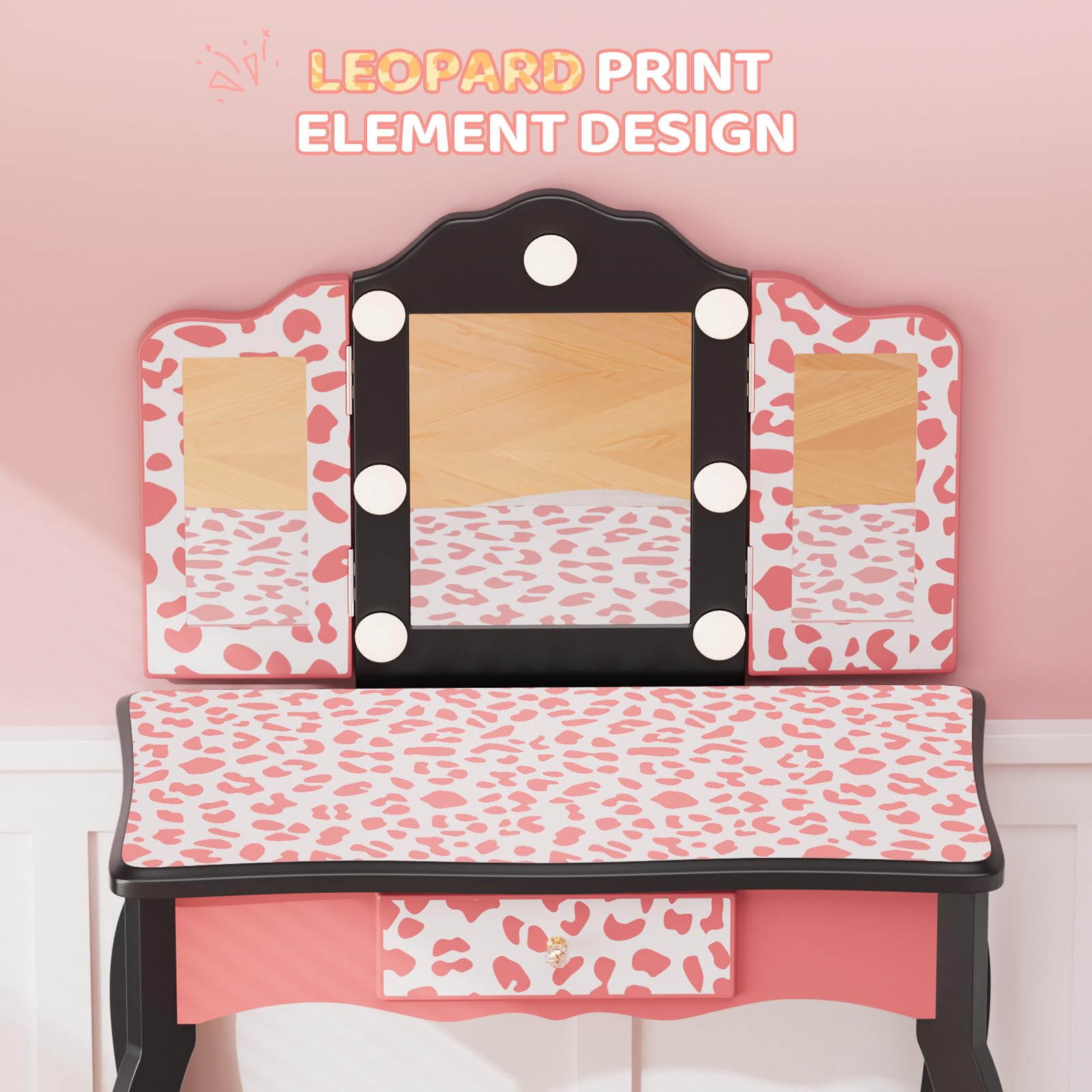 JOYMOR Kids Vanity Set Tri-Fold Girls Vanity with Leopard Print