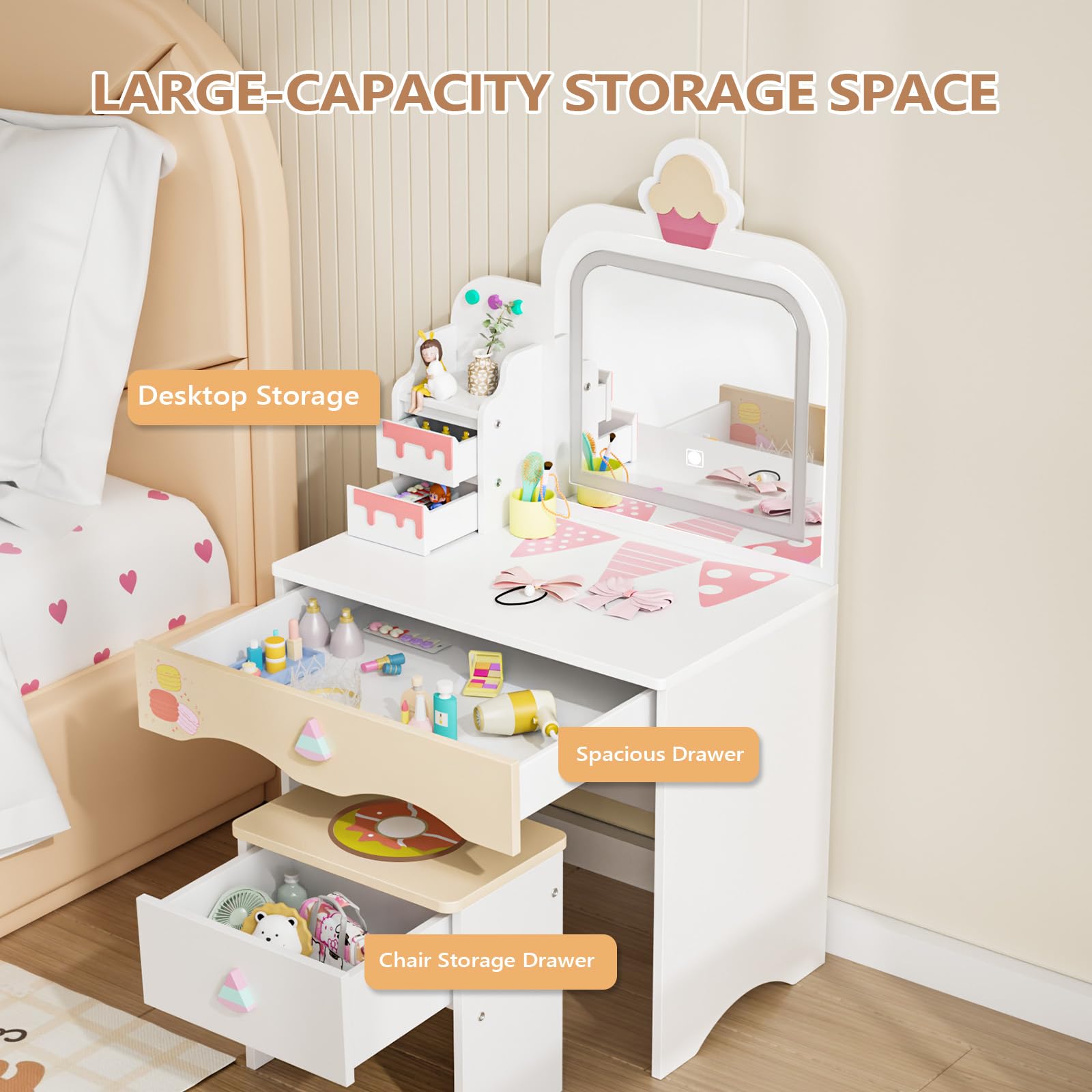 JOYMOR Kids Vanity with Cloud-Like Lights Makeup Dessert Desk