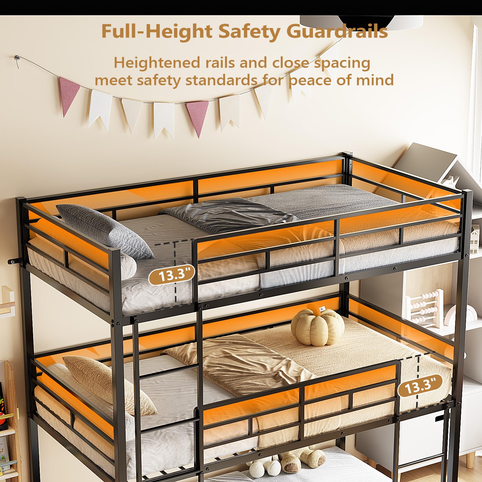 JOYMOR Triple Bunk Bed Twin Over Twin Over Twin Heavy Duty Metal Frame with Safety Guardrail