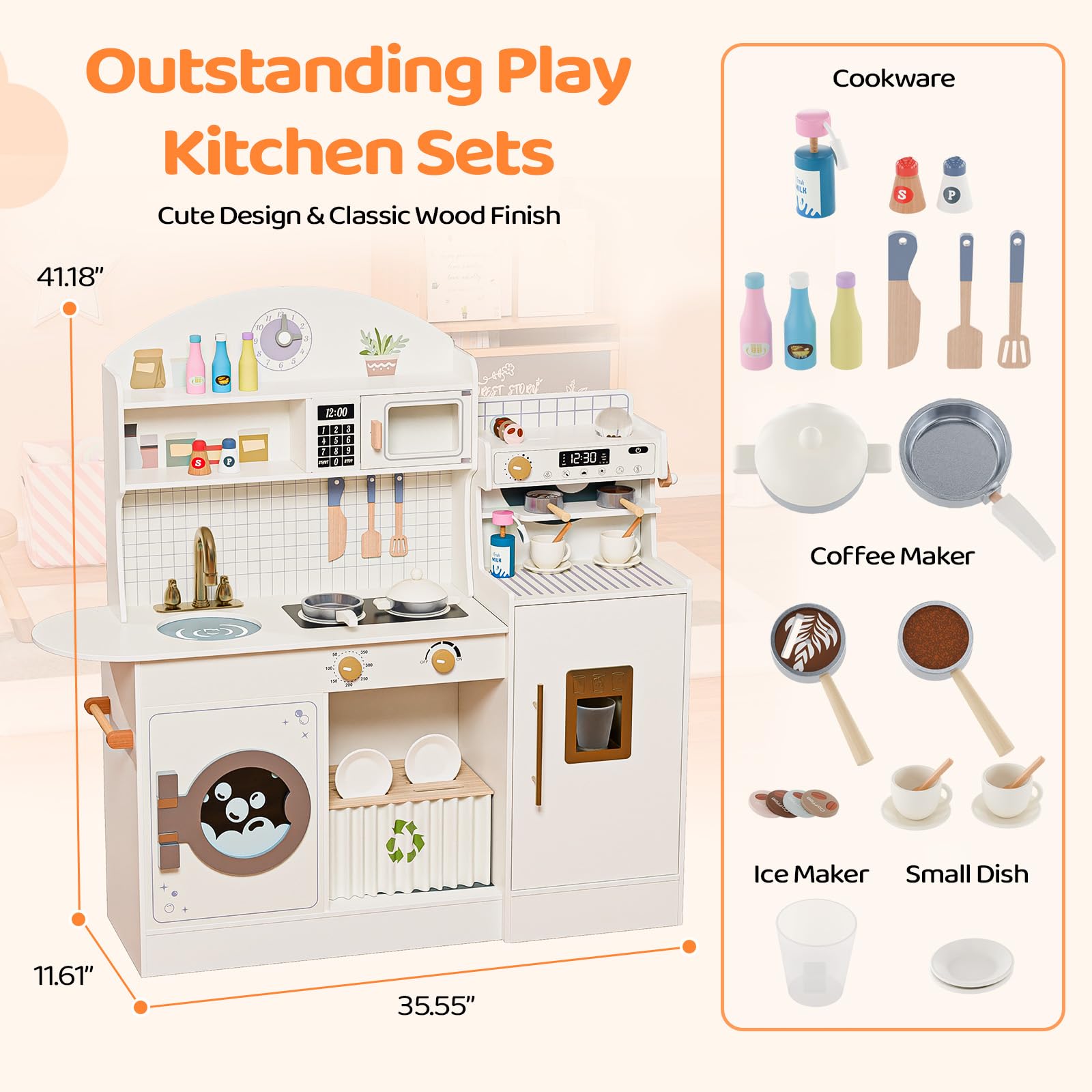 JOYMOR Kids Wooden Play Kitchen Set Modern Pretend Kitchen