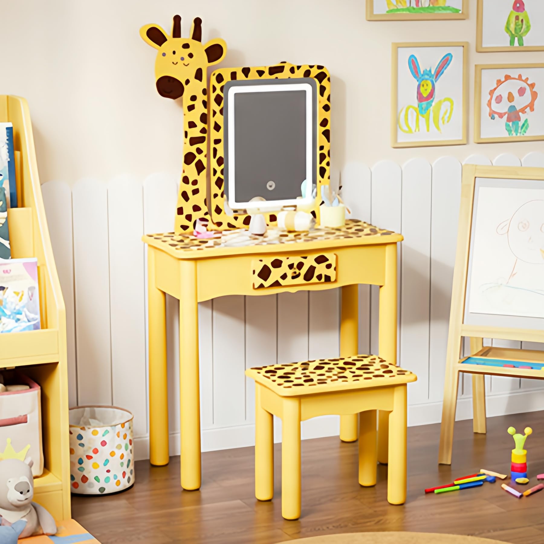 JOYMOR LED Lighted Kids Vanity with Storage and Wooden Legs