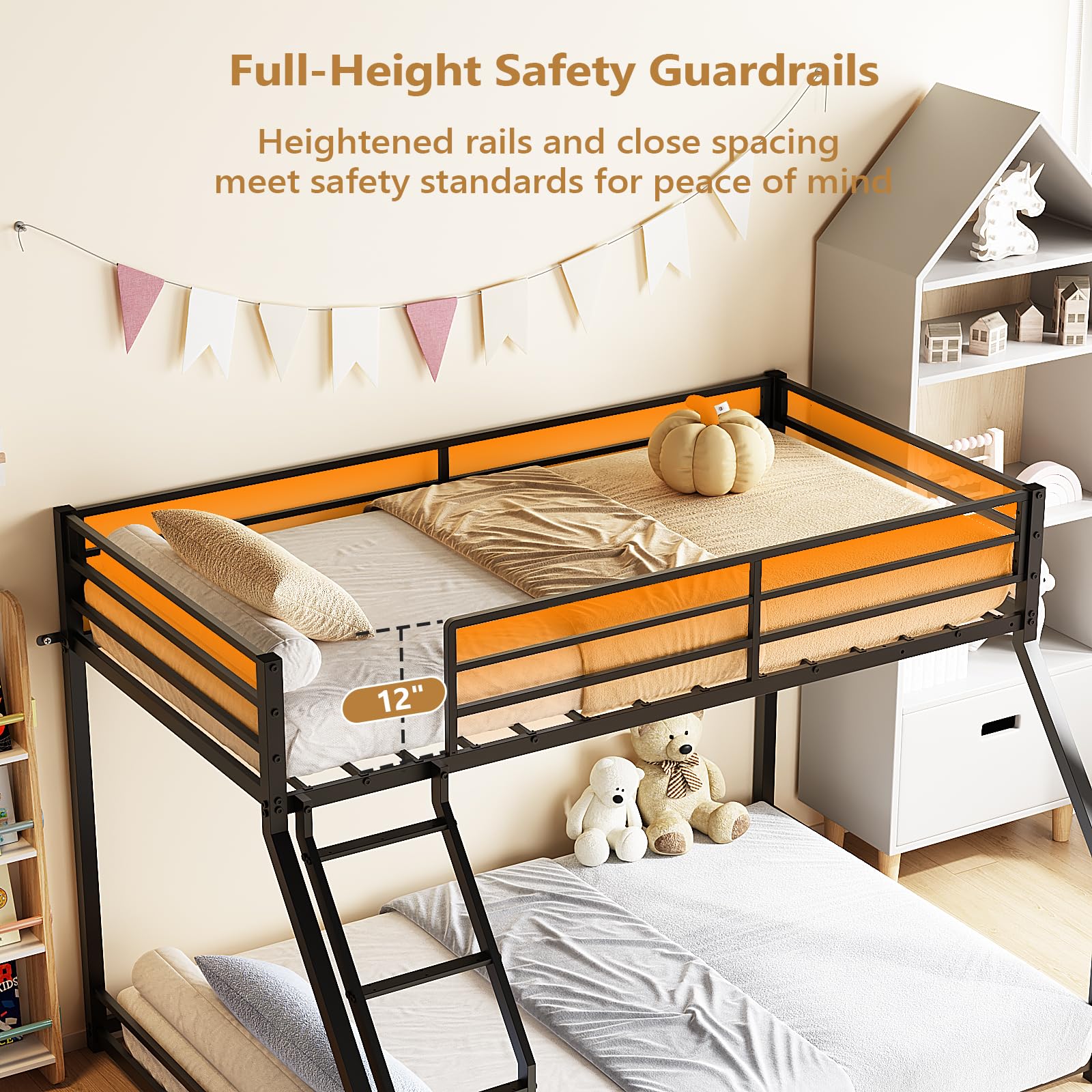 JOYMOR Twin Over Full Bunk Bed Metal Frame with Safety Guardrail Low Profile Space Saving Design
