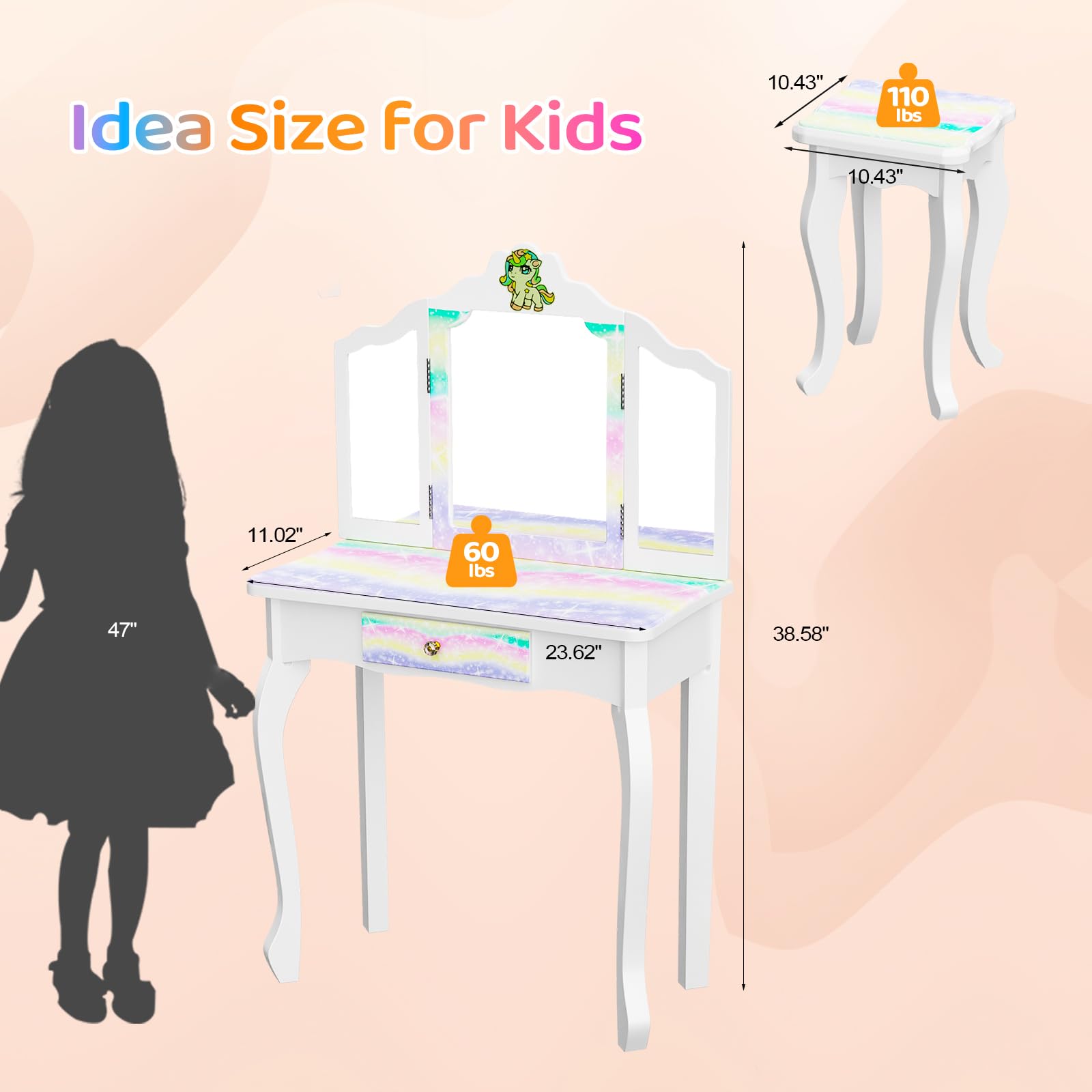 JOYMOR Luminous Unicorn Kids Vanity 2-in-1 Toddler Vanity w/Tri-Fold Mirror