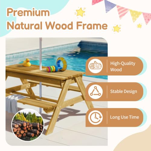 JOYMOR Kids Picnic Table Toddler Fir Wood Kids Outdoor Table and Chairs with Removable Umbrella