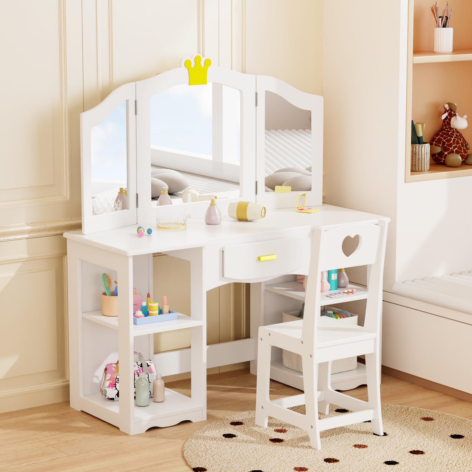 JOYMOR Kids 2 in 1 Princess Vanity Table and Chair Set w/Tri-Folding Mirror