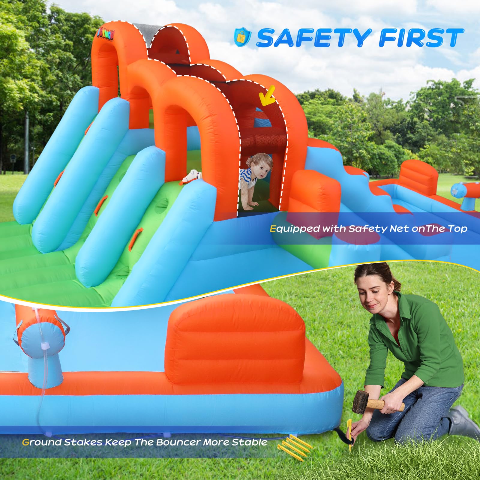JOYMOR 10-in-1 Kids Backyard Inflatable Bounce House with 3 Water Slides