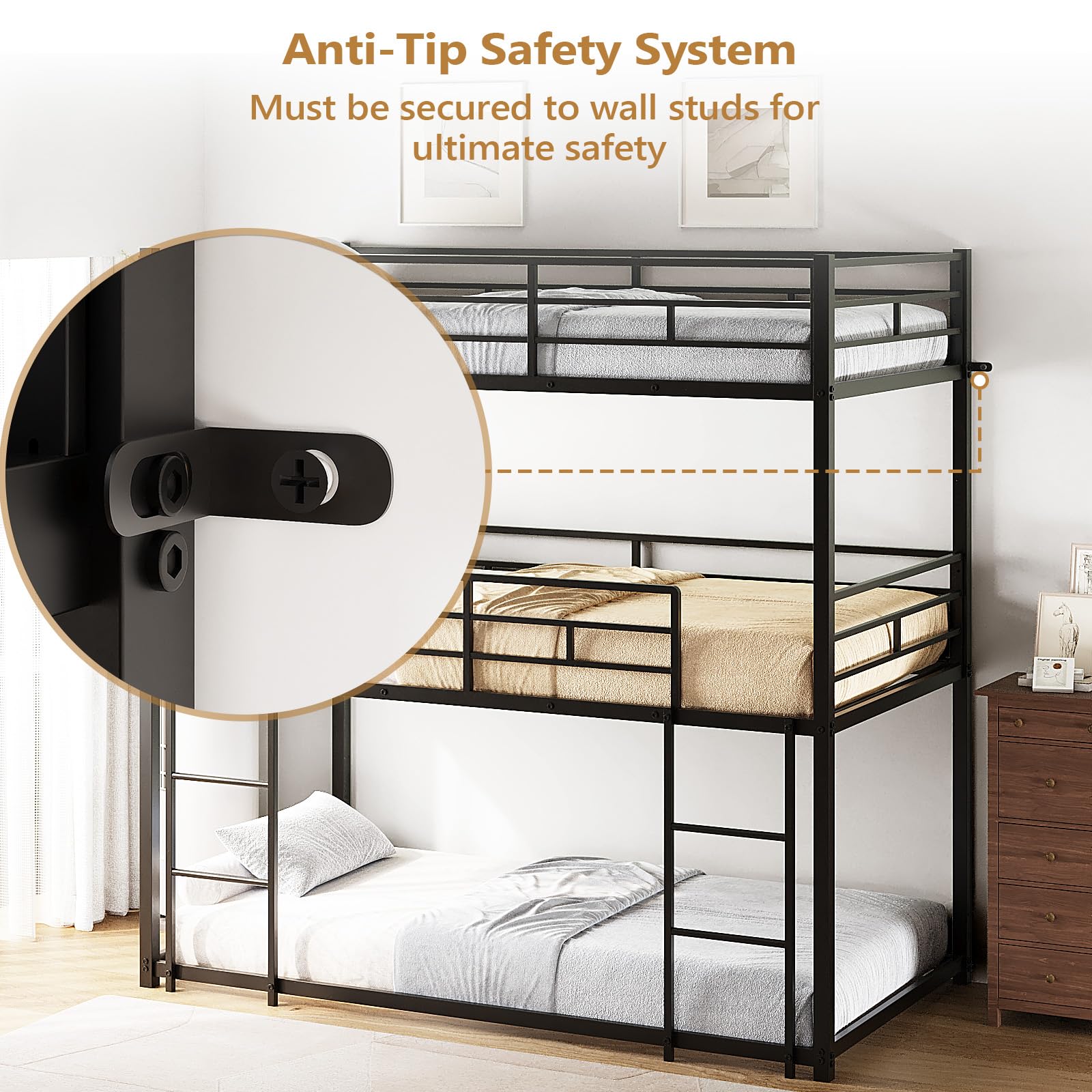 JOYMOR Triple Bunk Bed Twin Over Twin Over Twin Heavy Duty Metal Frame with Safety Guardrail