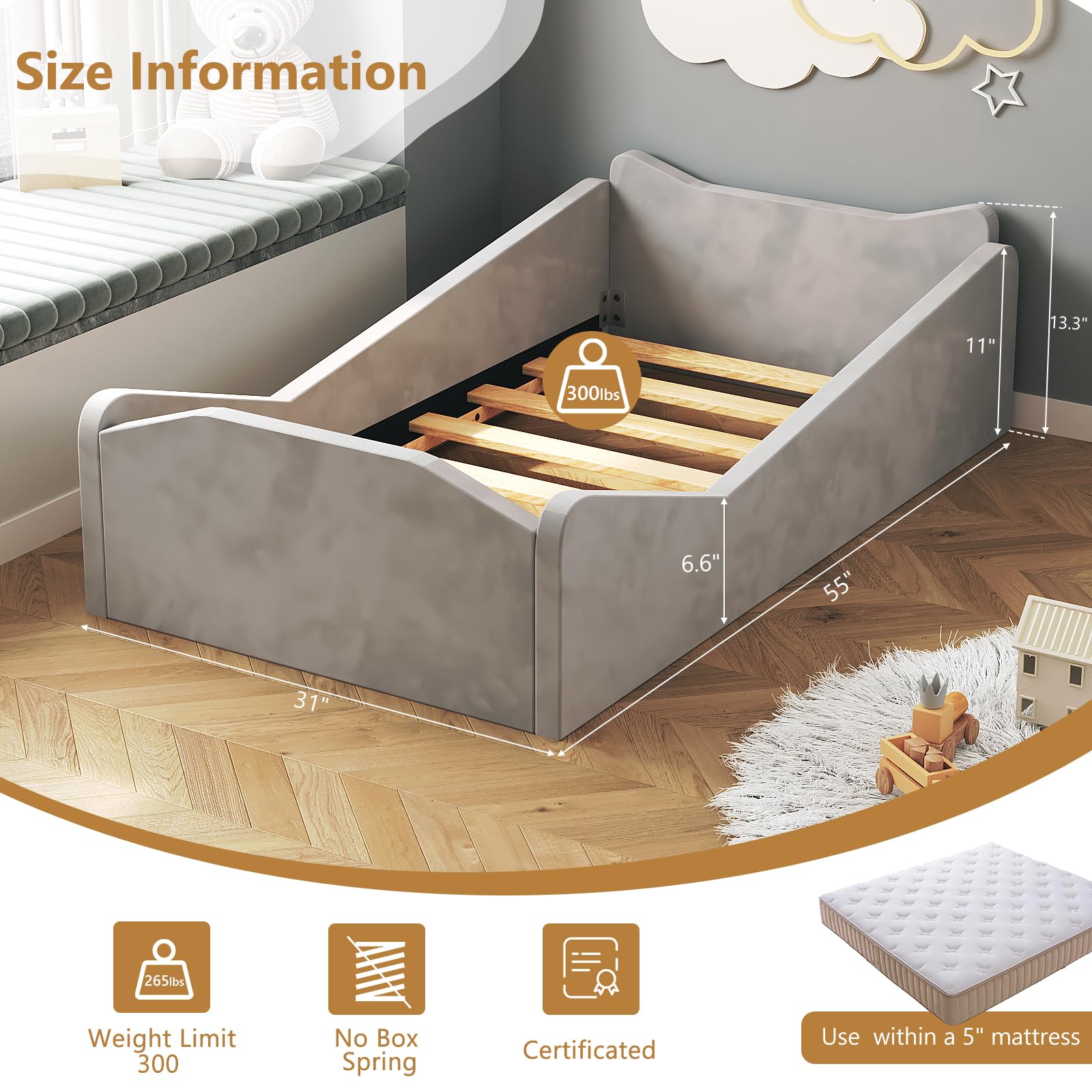 JOYMOR Toddler Bed Kids Floor Bed Frame with Guard Rails