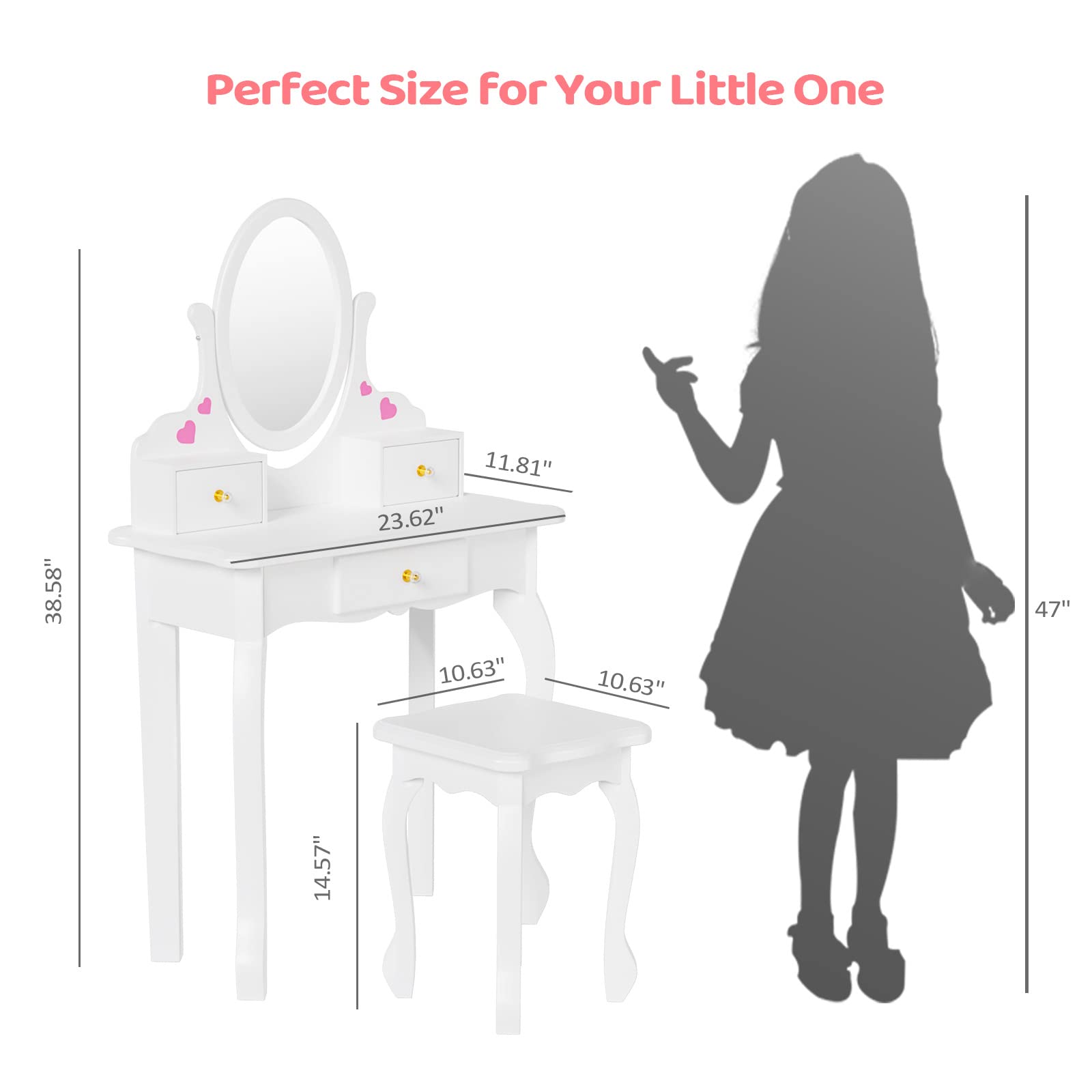 JOYMOR Kids Vanity Set with Makeup Dressing Table and Rotatable Mirror