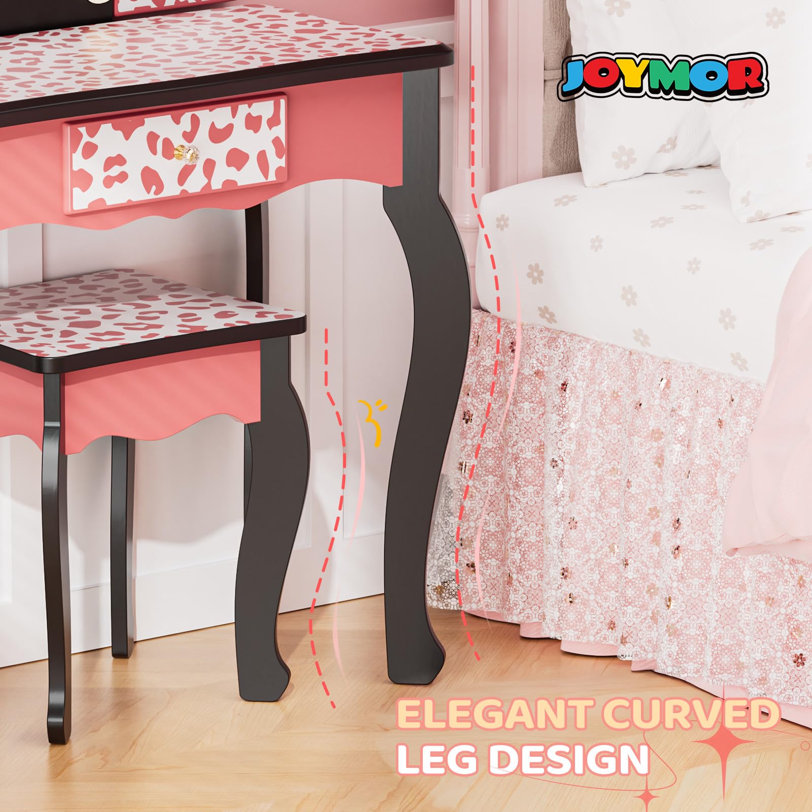 JOYMOR Kids Vanity Set Tri-Fold Girls Vanity with Leopard Print