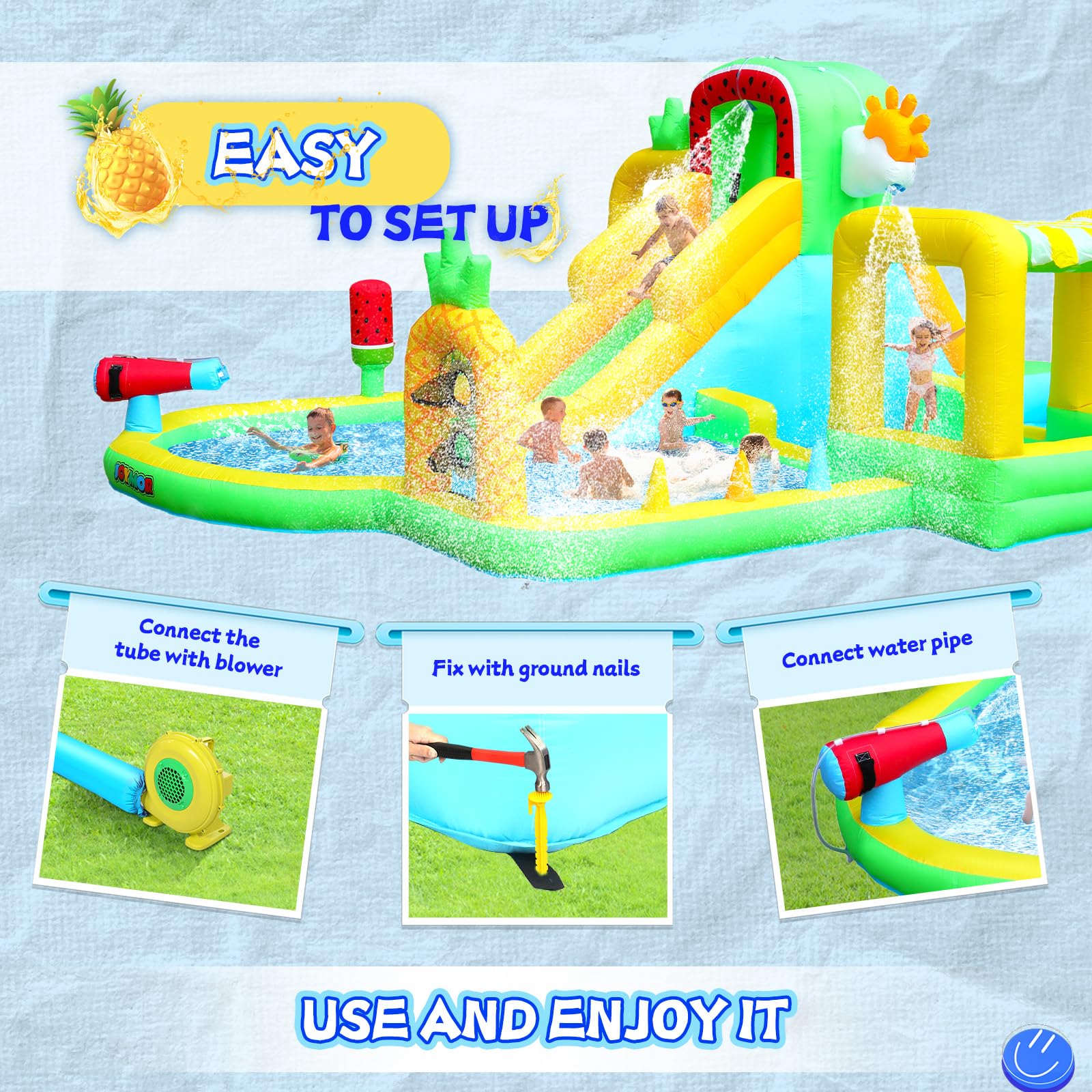 JOYMOR Fruit Theme Inflatable Water Slide for Kids Dual Slides Shaded Splash Pool Backyard