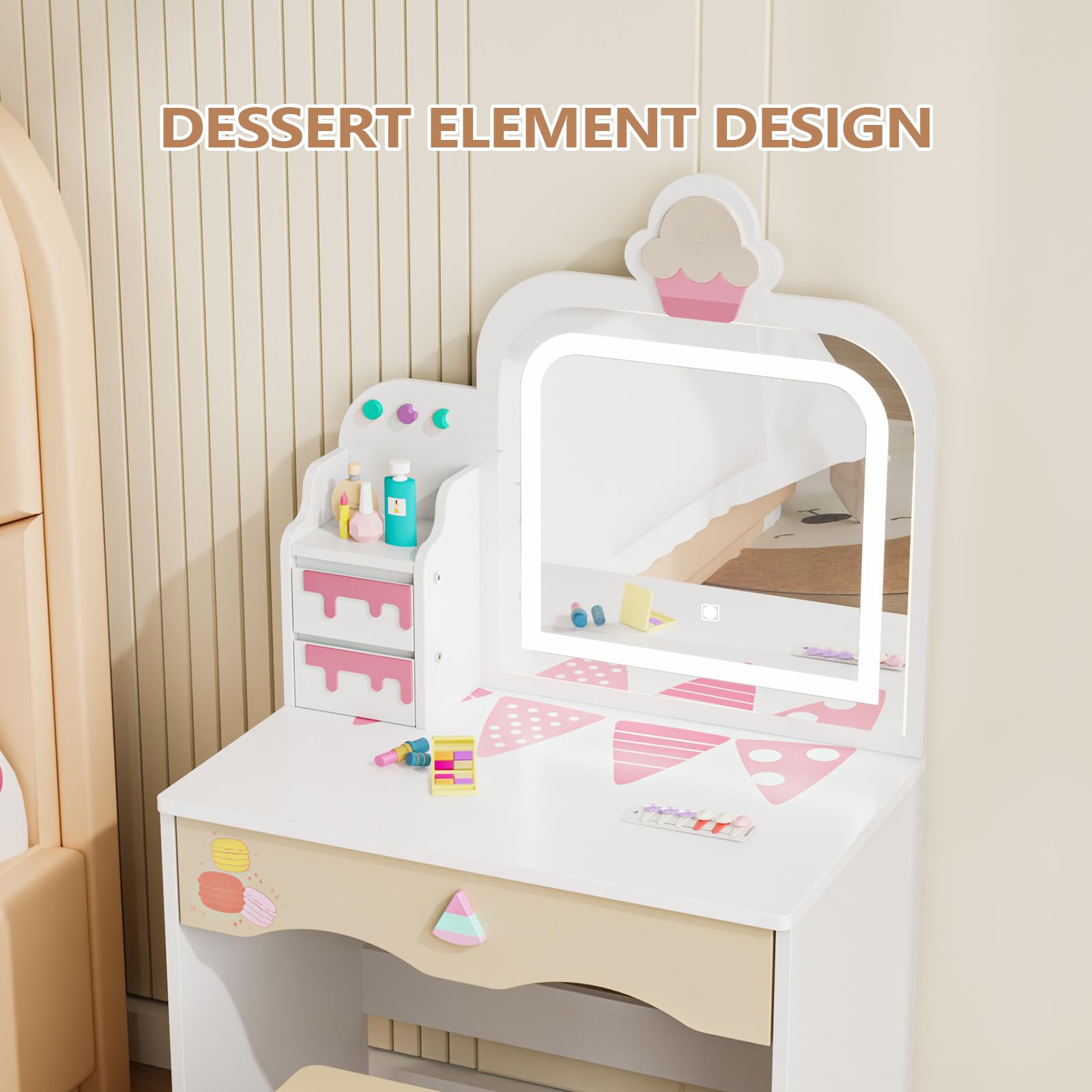 JOYMOR Kids Vanity with Cloud-Like Lights Makeup Dessert Desk