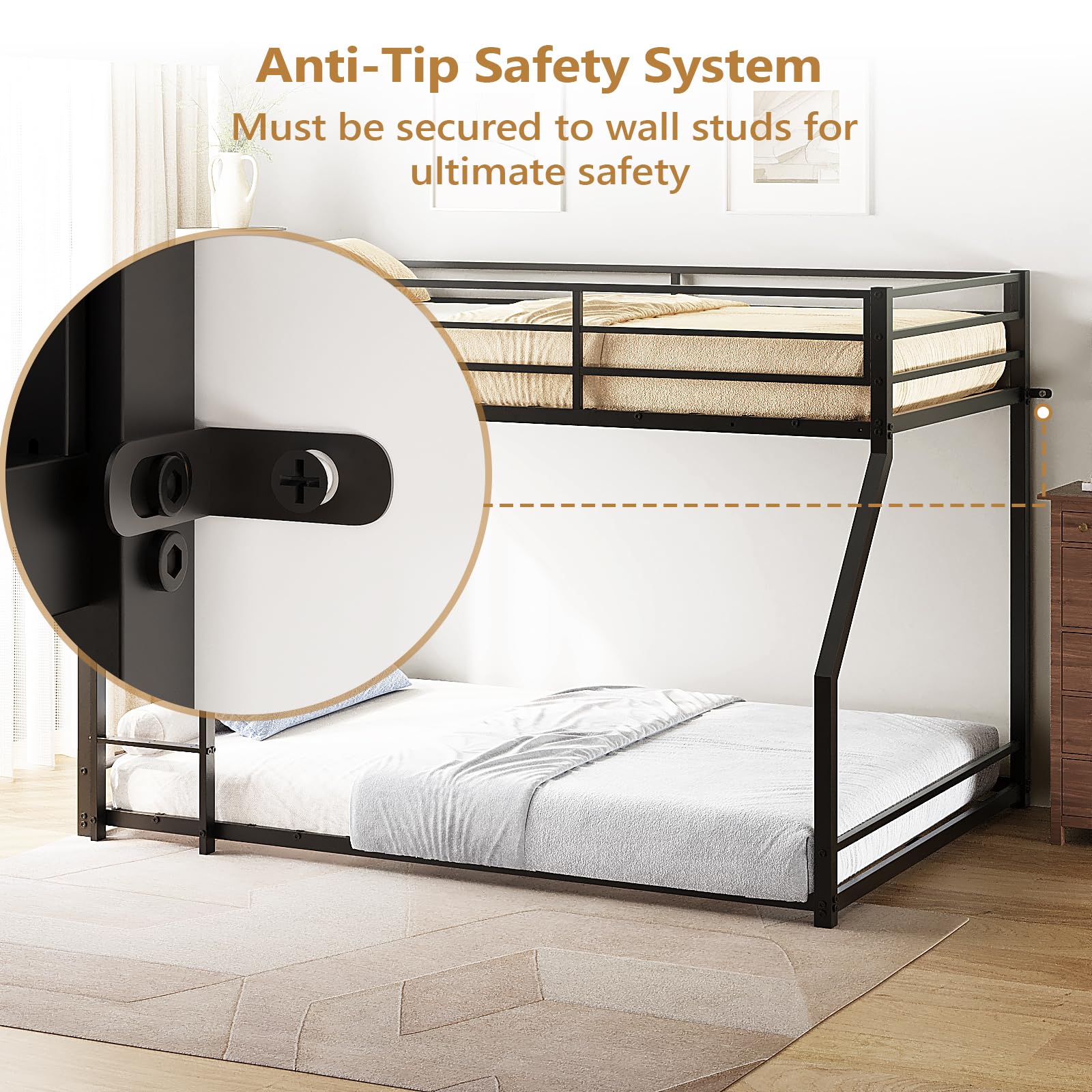 JOYMOR Twin Over Full Bunk Bed Metal Frame with Safety Guardrail Low Profile Space Saving Design