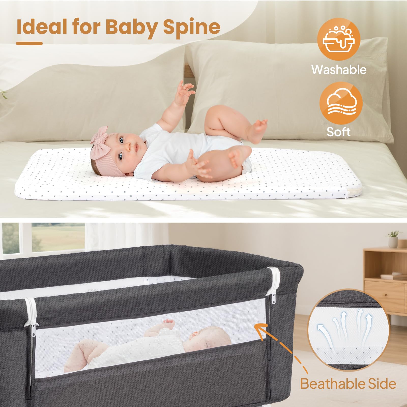 JOYMOR 3 in 1 Bedside Crib Portable Baby Bassinet Sleeper