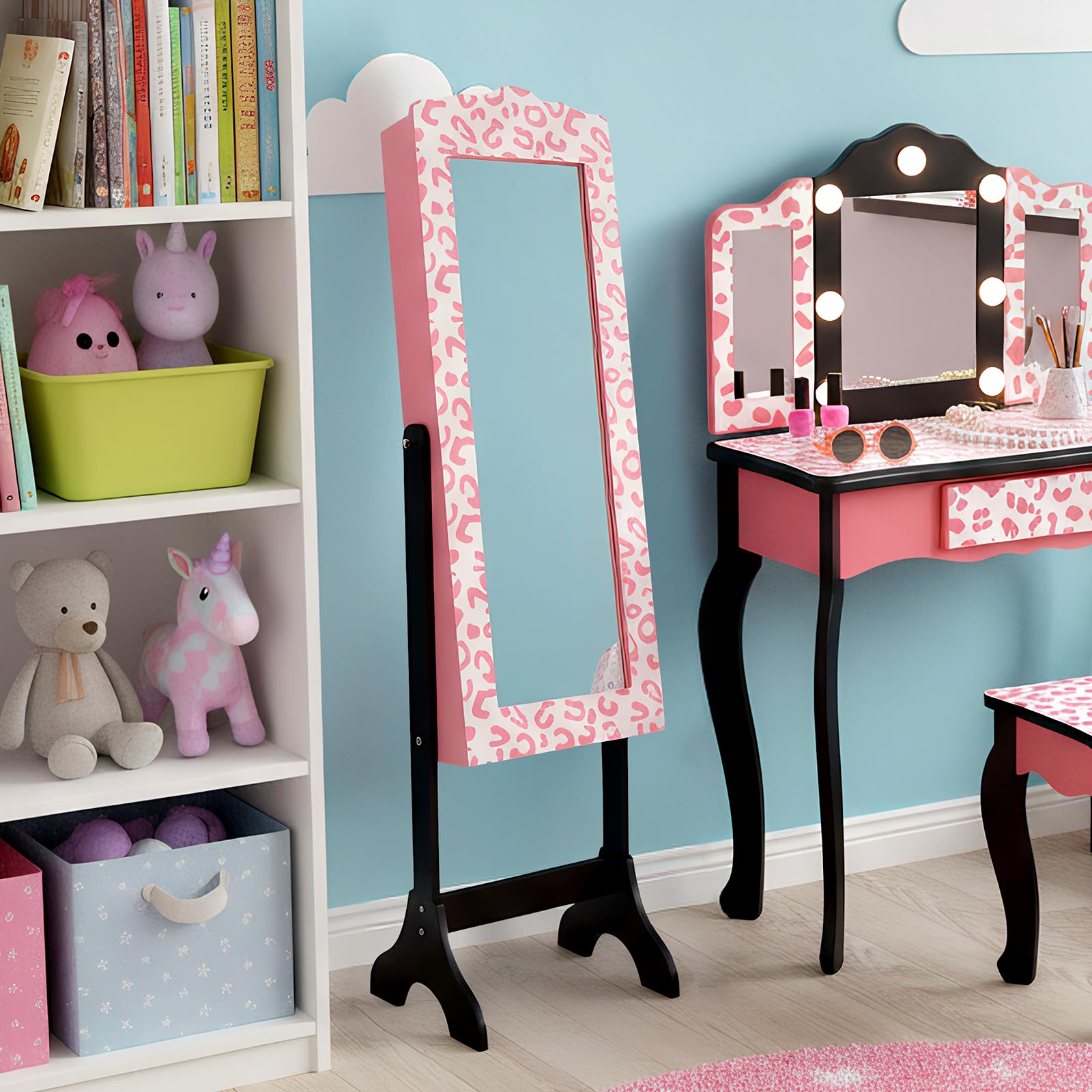 JOYMOR Freestandinng Kids Mirror Jewelry Cabinet with Storage