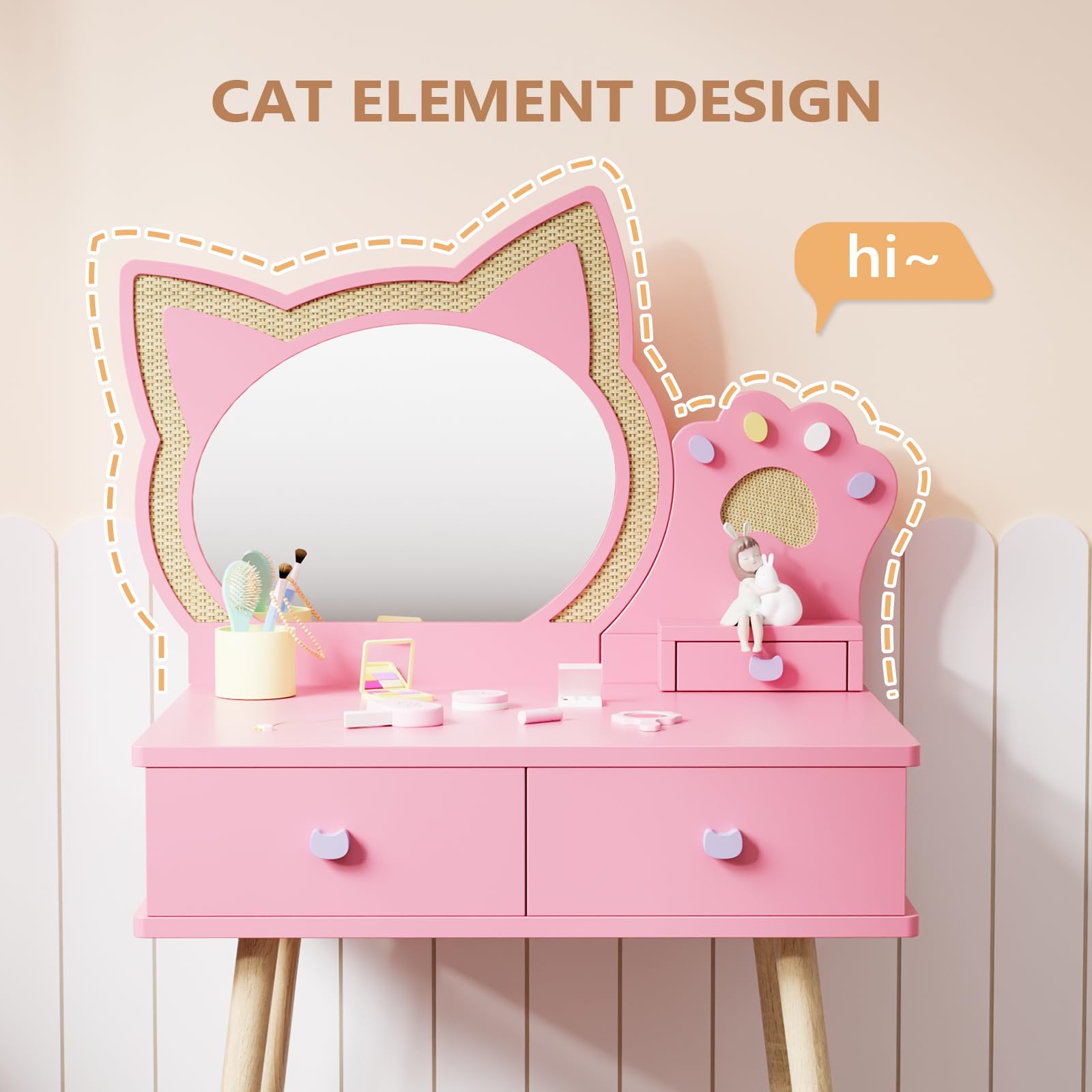 JOYMOR Kids Cat Mirror Vanity Makeup Dressing Table