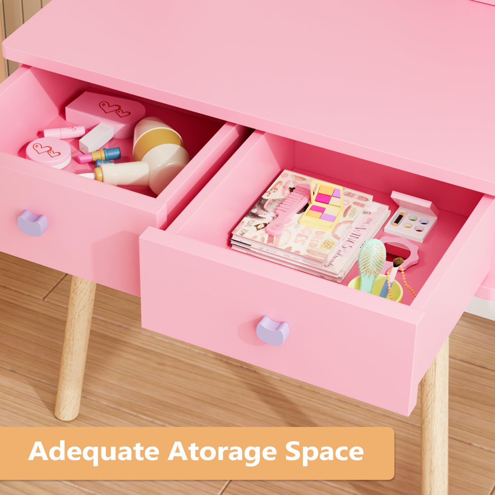 JOYMOR Kids Cat Mirror Vanity Makeup Dressing Table