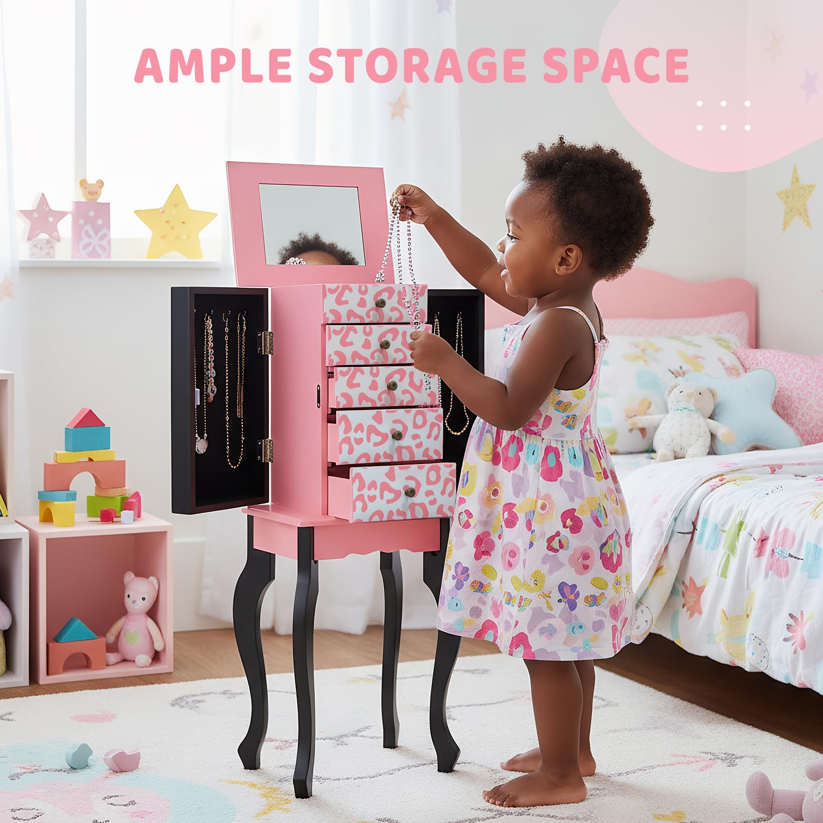 JOYMOR Kids Standing Jewelry Armoire Cabinet with 5 Drawers