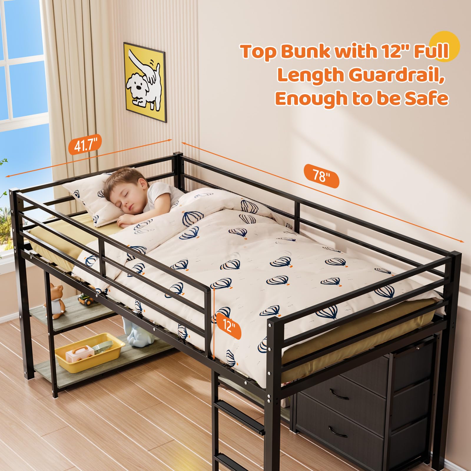 JOYMOR Twin Low Loft Bed with 3 Storage Drawers Shelves Bookcase and LED Lights Metal Frame Safety Guardrail