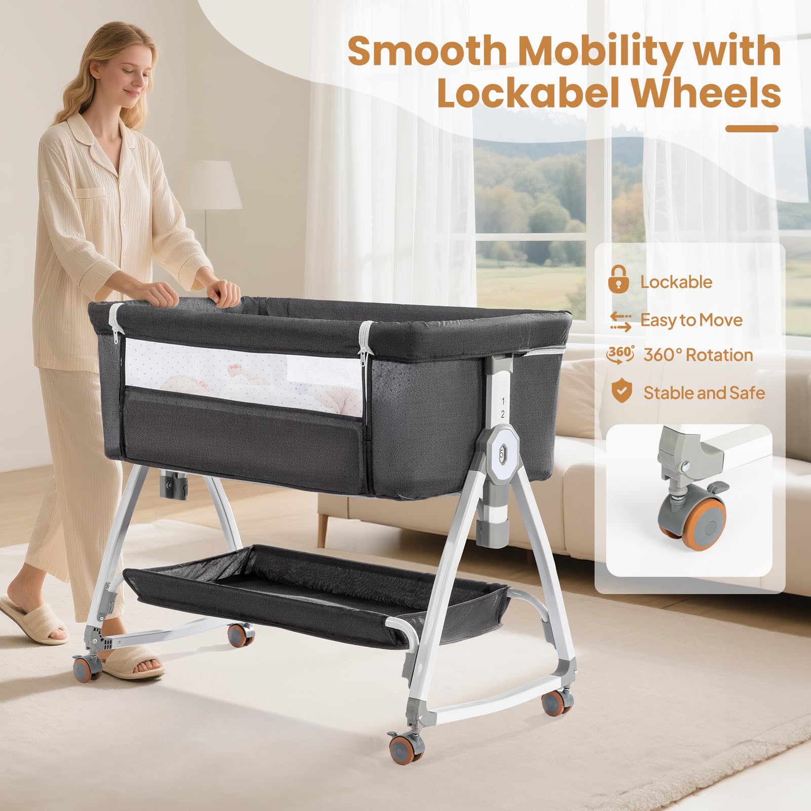 JOYMOR 3 in 1 Baby Bedside Bassinet