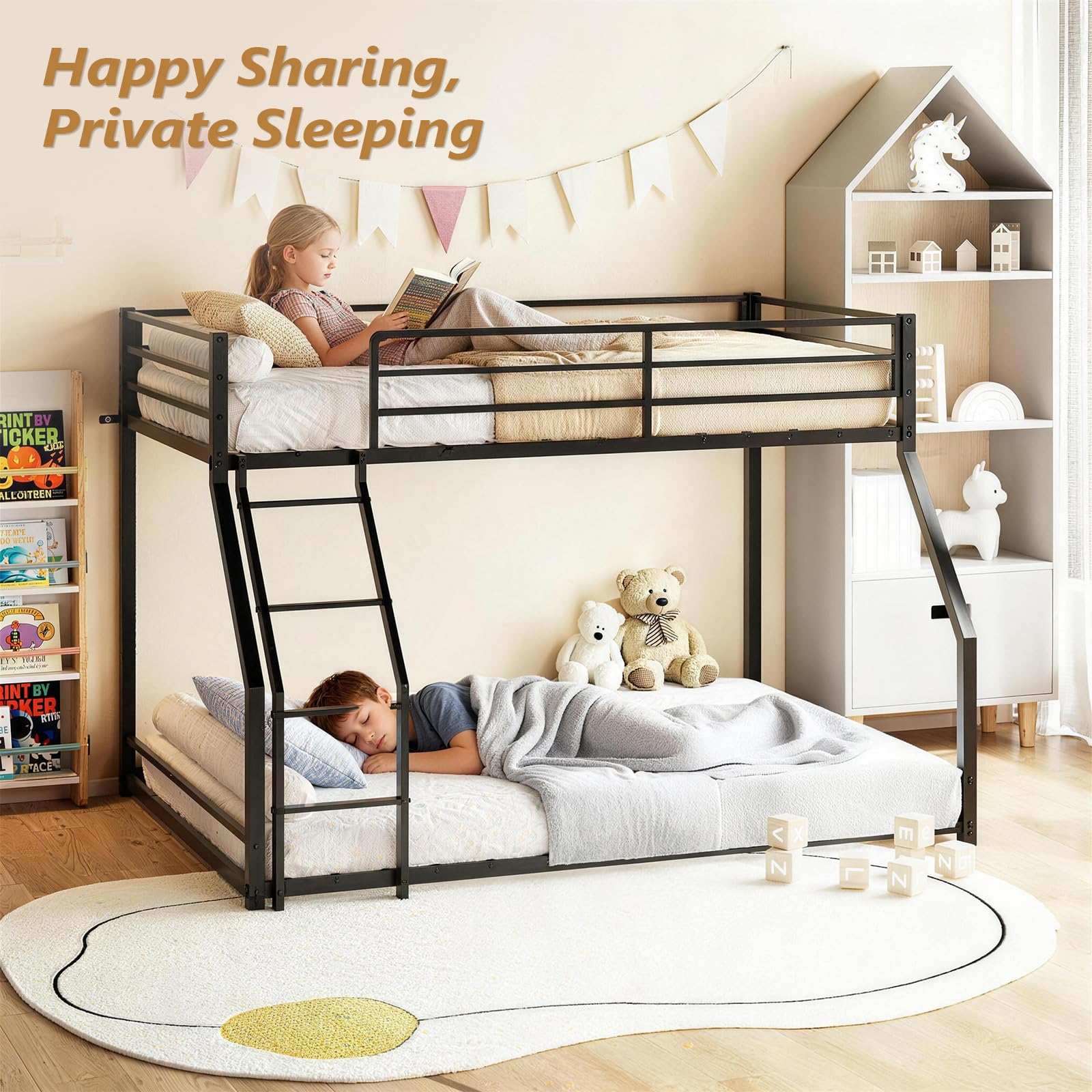 JOYMOR Twin Over Full Bunk Bed Metal Frame with Safety Guardrail Low Profile Space Saving Design