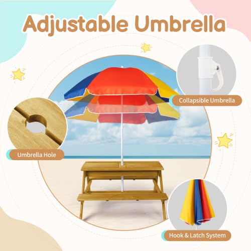 JOYMOR Kids Picnic Table Toddler Fir Wood Kids Outdoor Table and Chairs with Removable Umbrella