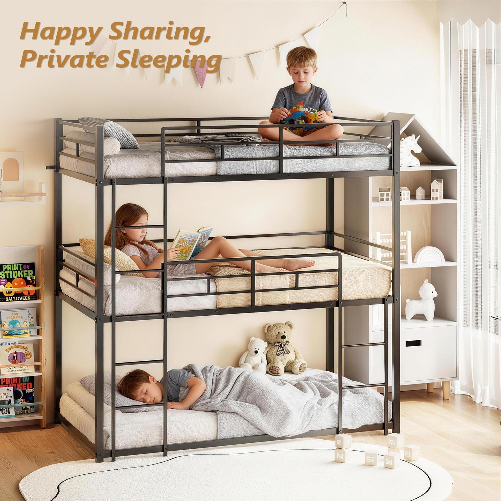 JOYMOR Triple Bunk Bed Twin Over Twin Over Twin Heavy Duty Metal Frame with Safety Guardrail