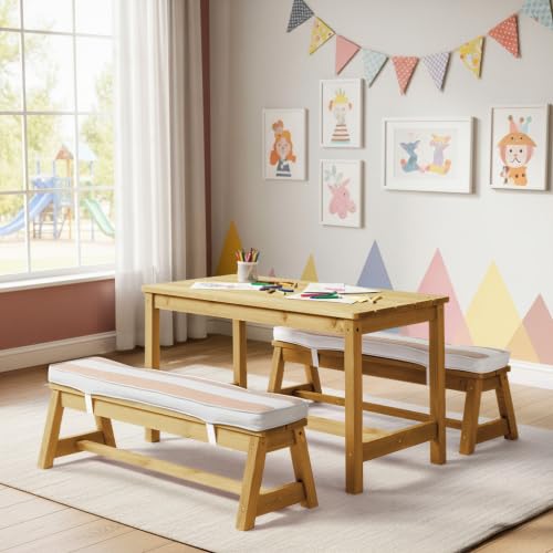 JOYMOR Kids Picnic Table Outdoor Wooden Table Set with Umbrella