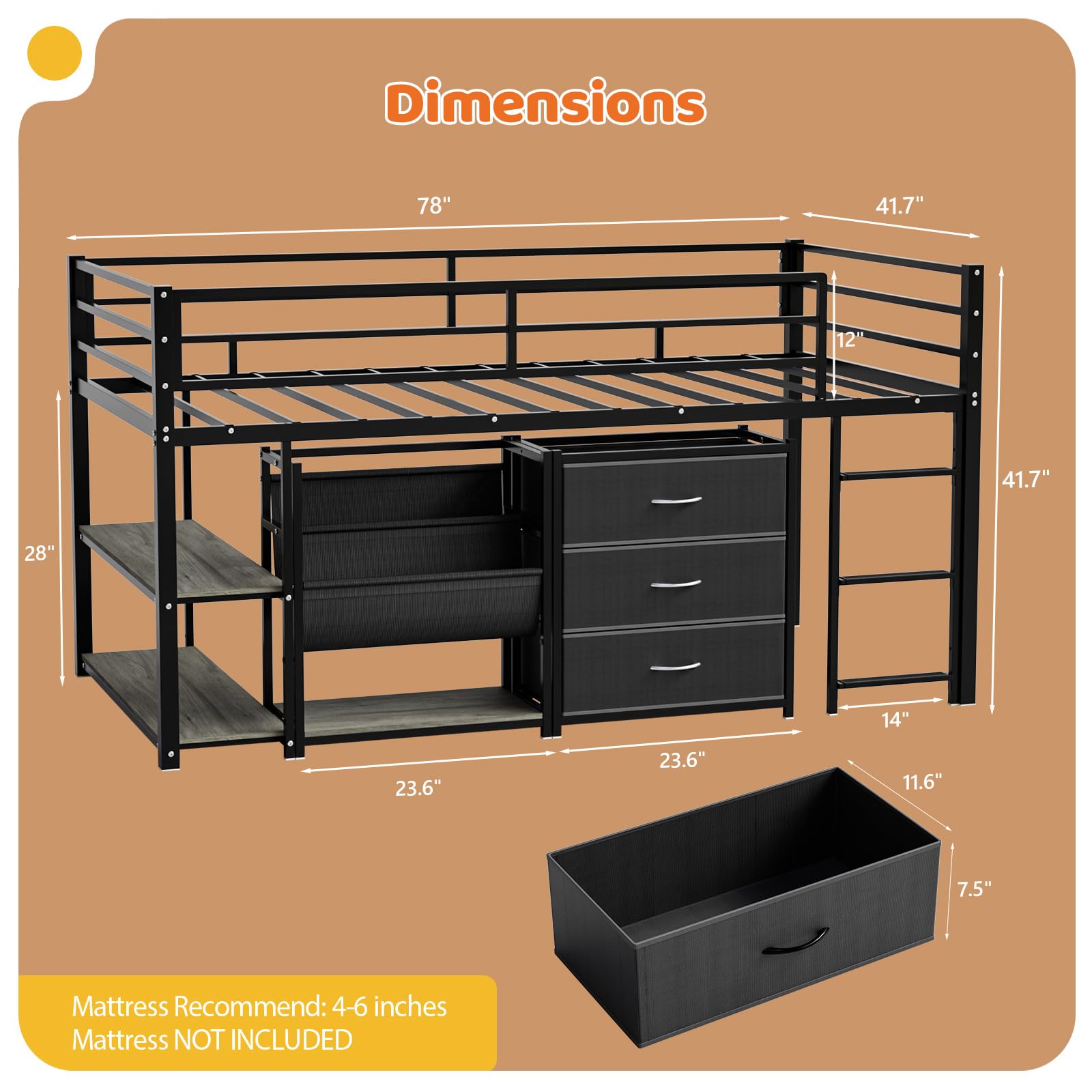 JOYMOR Twin Low Loft Bed with 3 Storage Drawers Shelves Bookcase and LED Lights Metal Frame Safety Guardrail