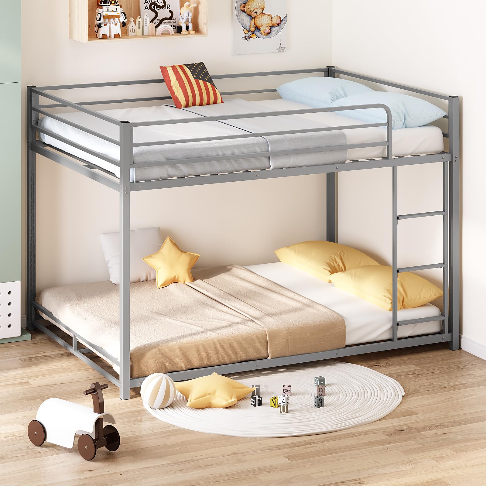 JOYMOR Metal Low Bunk Bed Twin Over Twin Bed Frame
