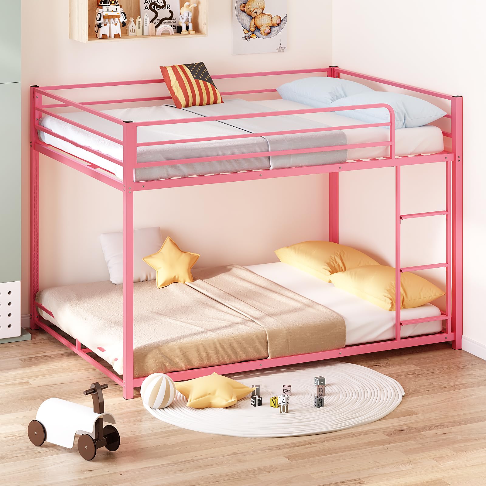 JOYMOR Metal Low Bunk Bed Twin Over Twin Bed Frame