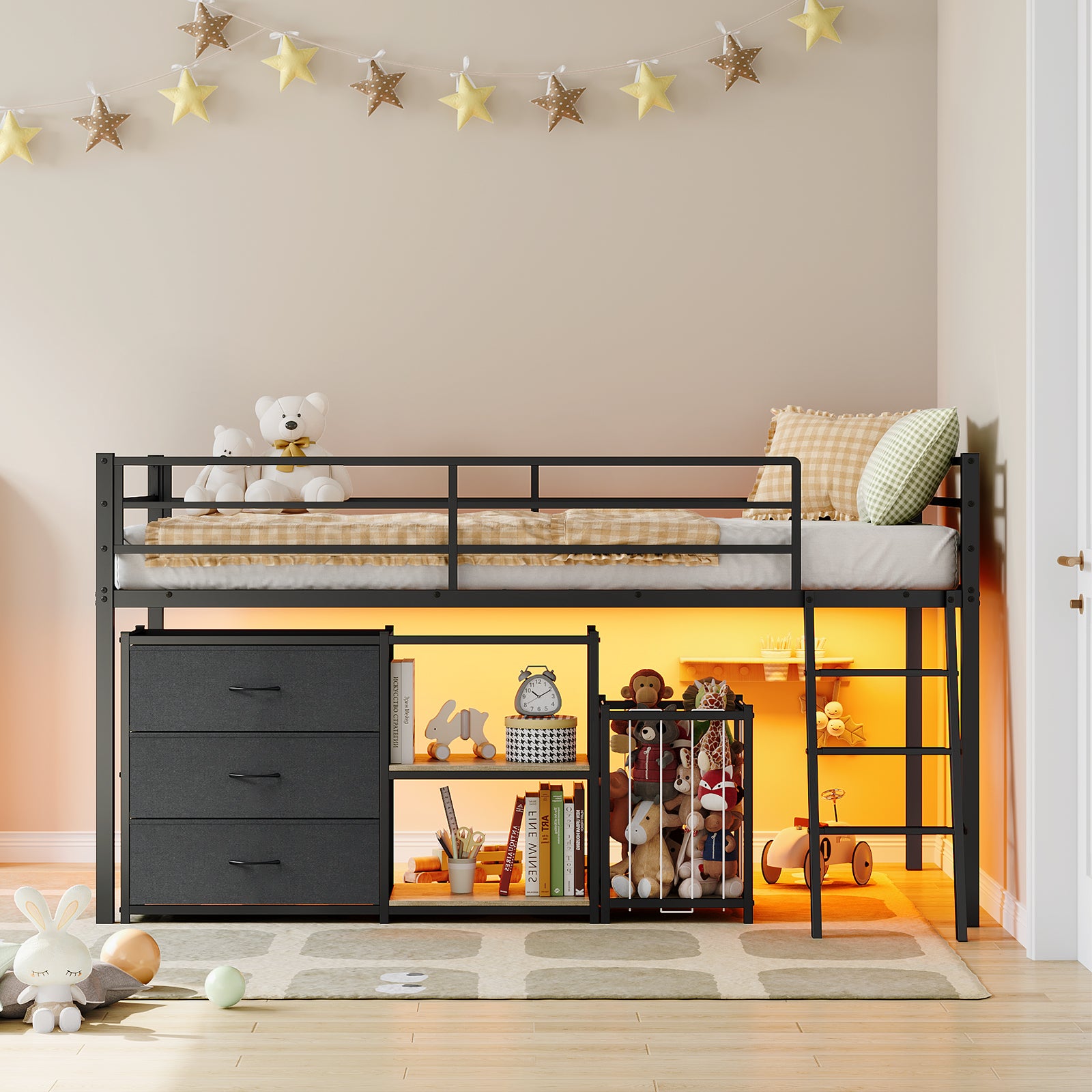 JOYMOR Low Loft Bed with Storage & Basket