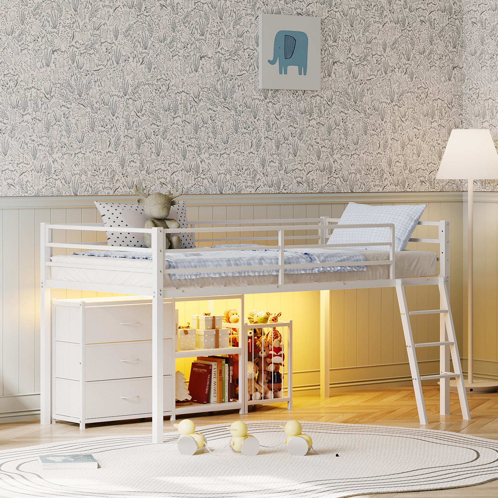 JOYMOR Low Loft Bed with Storage & Basket