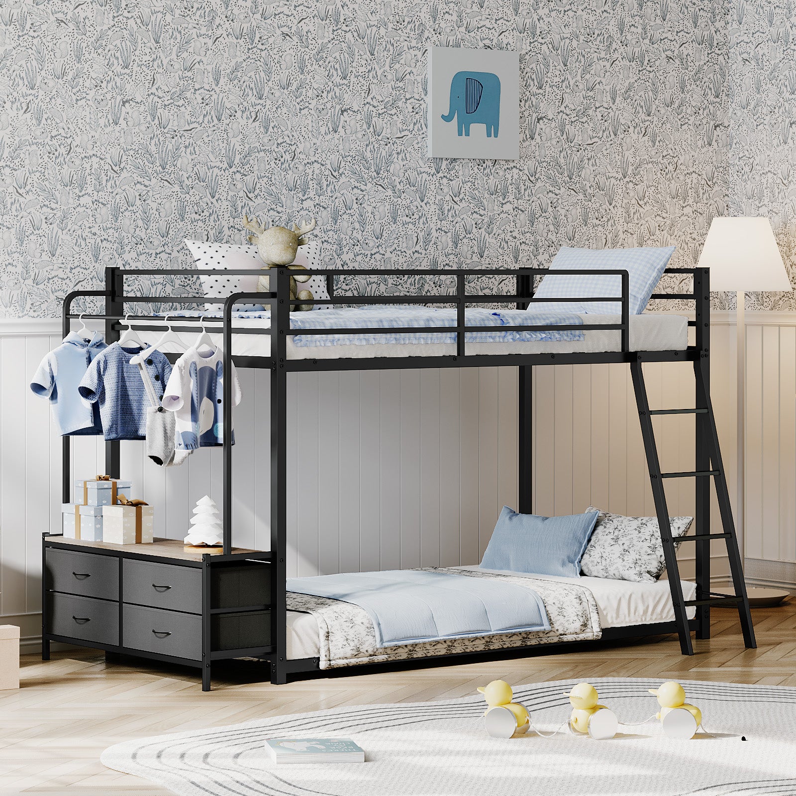 JOYMOR Twin Over Twin Bunk Bed with Storage & Hanger