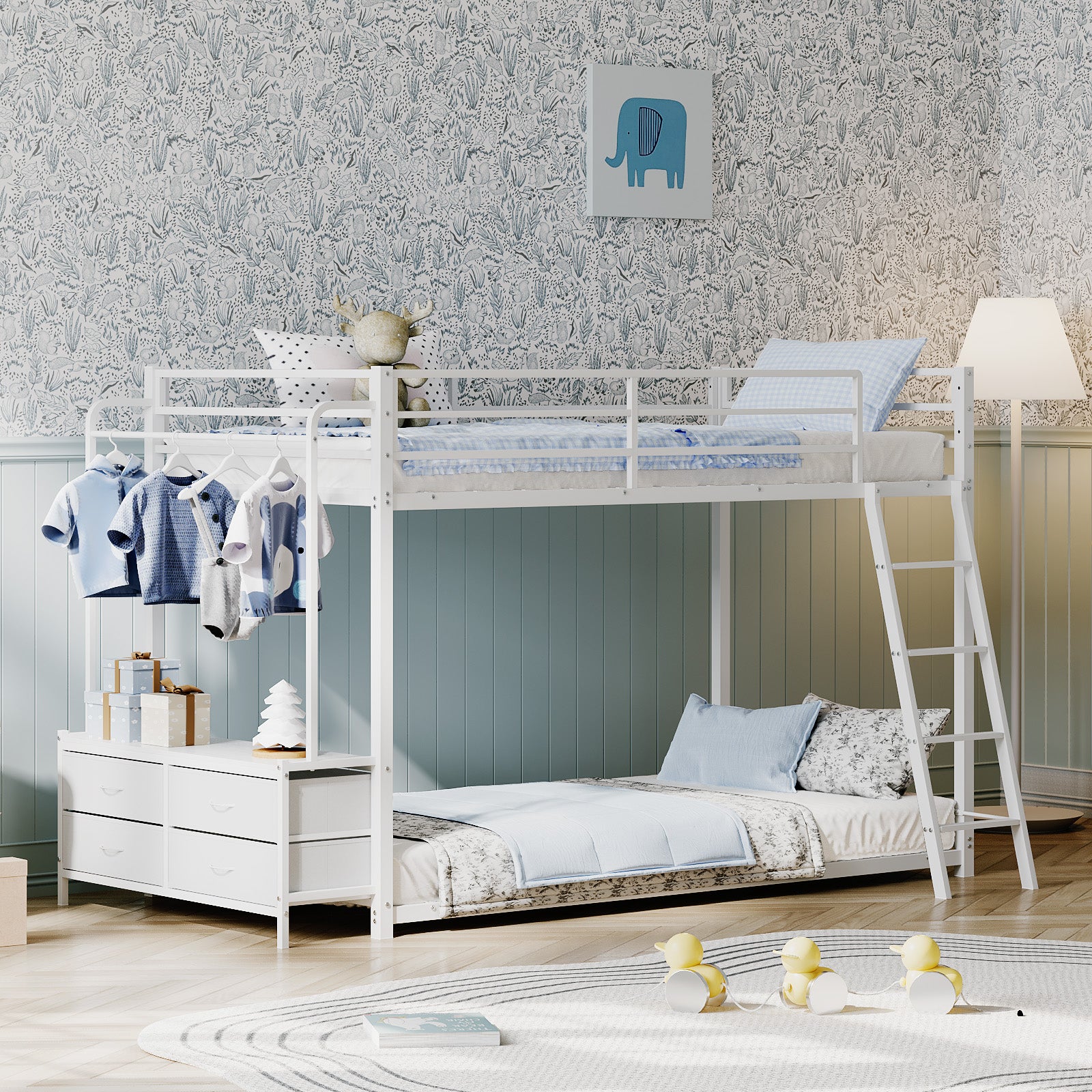 JOYMOR Twin Over Twin Bunk Bed with Storage & Hanger