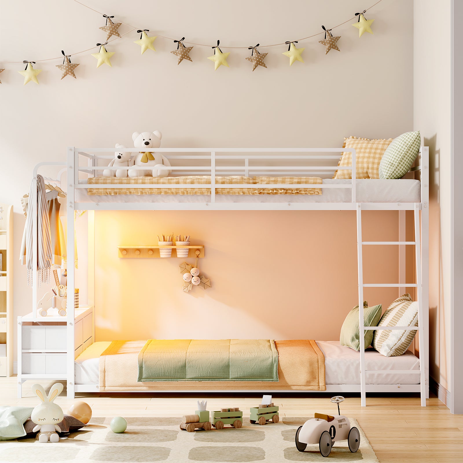 JOYMOR Twin Over Twin Bunk Bed with Storage & Hanger