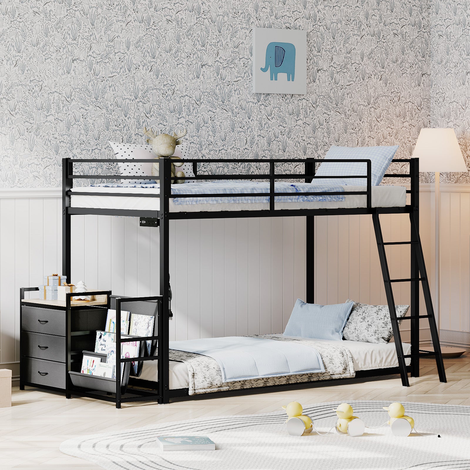 JOYMOR Twin Over Twin Bunk Bed with Storage & Book Shelf
